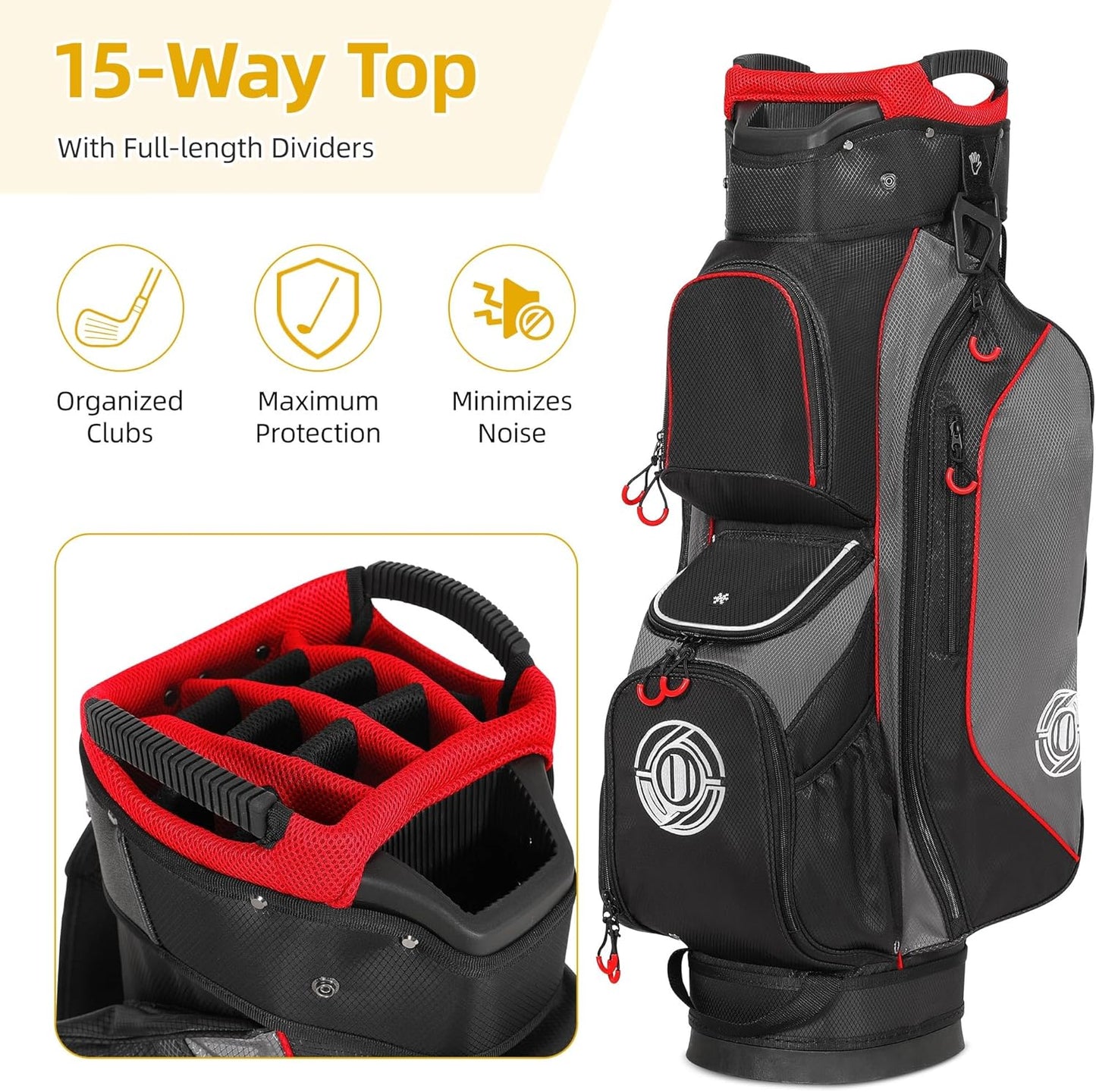 Golf Cart Bag, 15 Way Top Lightweight Golf Bag, Golf Club Cart Bags for Men Women with Full-Length Dividers, Dedicated Putter Well, Rain Cover Black and Red