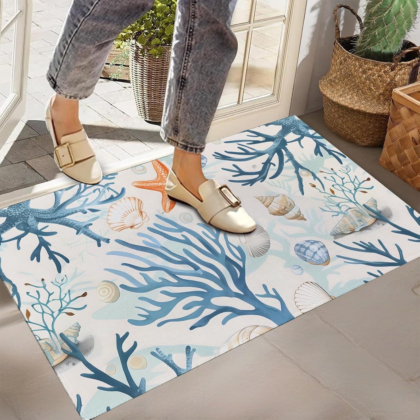Starfish Coral Ocean Indoor Door Mat,Front Door Mat Entrance,17x29.5 in,Non-Woven Fabrics Non Slip Floor Doormat,Welcome Mats Entryway Rug Doormats for Kitchen Bedroom Living Room Decor Gifts