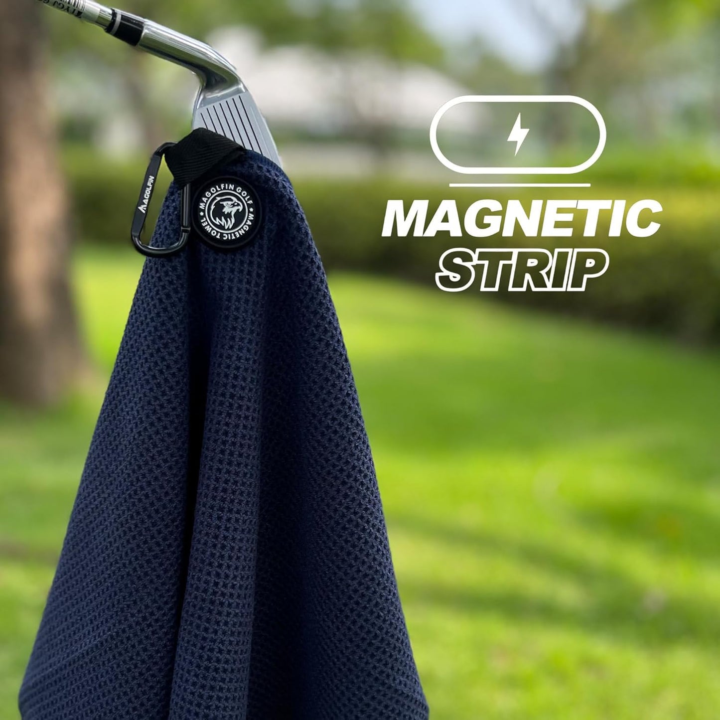 Magnetic Golf Towel with Clip, Microfiber Waffle Design - Industrial Strength Magnet for Strong Hold to Golf Bags, Carts & Clubs - Navy Blue
