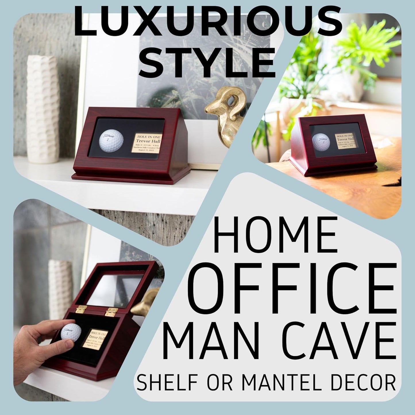 Hole-in-One Wooden Golf Ball Display Case with Custom Engraved Gold Plate - Polished Rose Wood Box with Transparent Window - Dust Protection for Golf Ball Memorabilia with Personalization