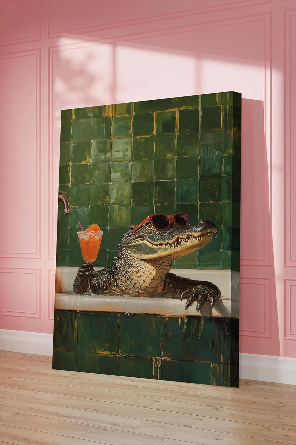 Animal Bathroom Wall Art Funny Crocodile Painting Picture Wall Decor Crocodile Sitting in The Bathtub Drinking Cocktails Poster Print Artwork for Toilet Bathroom 12x16 Inch Framed