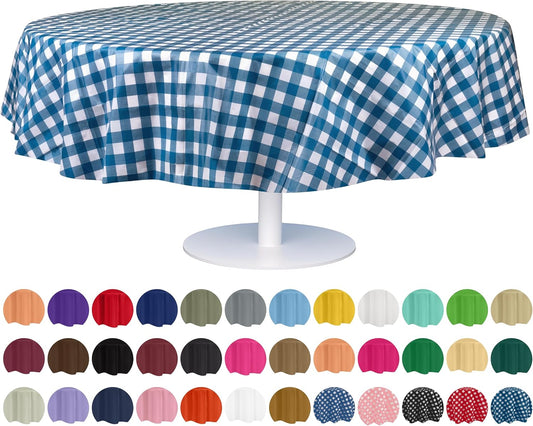 Grandipity 12 Pack Premium Disposable Plastic Picnic Tablecloth 84" Inch Decorative Round Table Cover - Blue Checkered Gingham