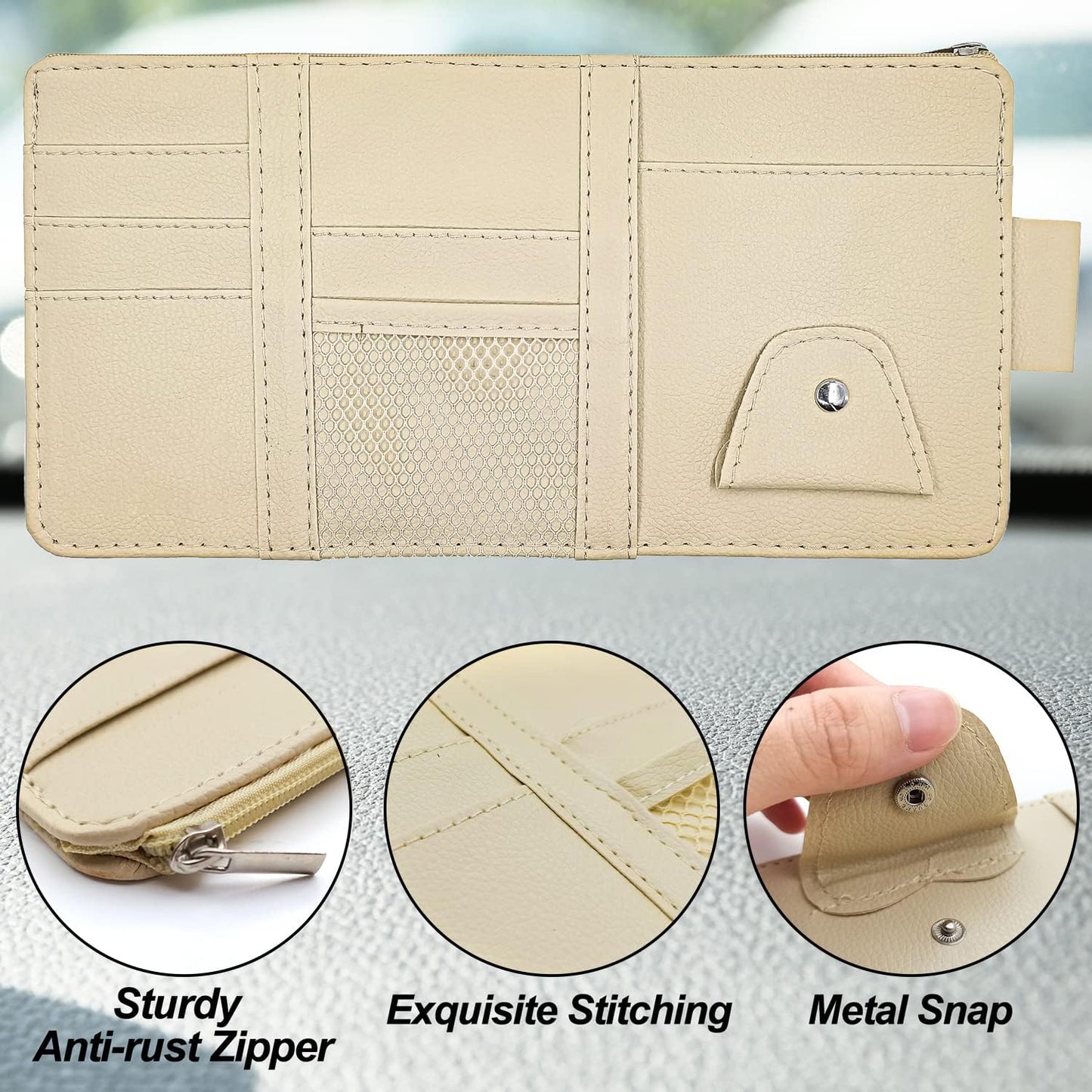 Keedolla Car Sun Visor Organizer Auto Interior Accessories Pocket Organizer, Sunglasses Holder Car Truck Visor Storage Pouch for Cards, Pens and Document - Beige