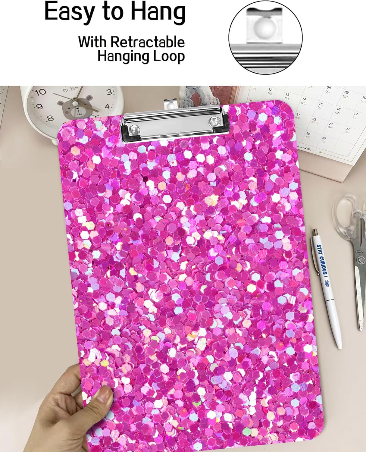 Fashion A4 Clipboard, Standard Letter Size 9" x 12.5", Decorative Wooden Clipboard with Low Profile Metal Clip for Office, School, Teachers, and Students, Pink