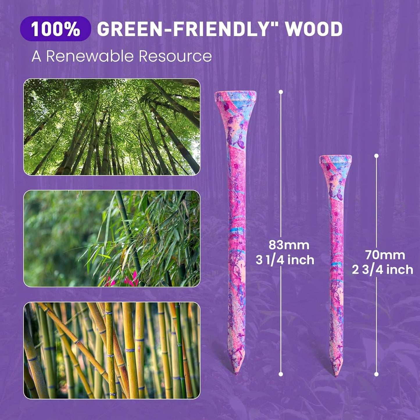 Amy Sport Golf Tees Styllish Bamboo Wooden Coloured Painted Bulk 200 Pack 1 1/2 3 1/4 2 3/4 Inch Tee, Enhanced Visibility Color Purple Pink Green Blue, Practice for Men Women