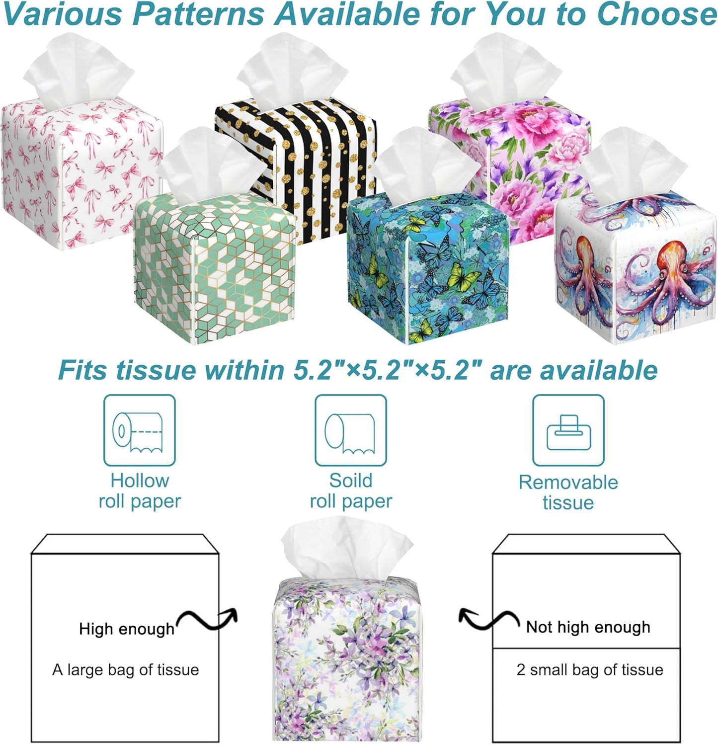 Watercolor Wild Flowers Tissue Box Holder,Purple Flowers Square Leather Tissue Box Cover with Bottom Belt,Modern Napkin Holder Organizer for Car Bathroom Nightstand Vanity Office,5.2" x 5.2" x 5.2"