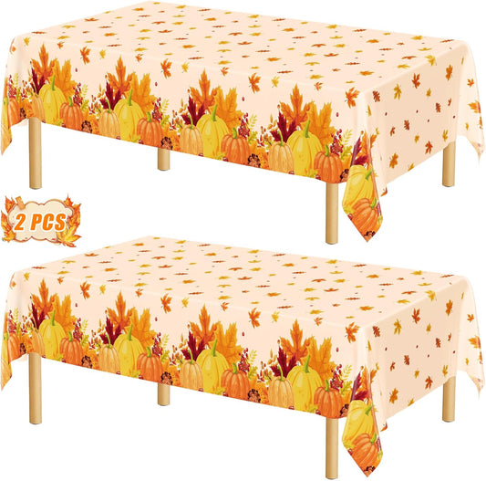QZYL 2 Pack Thanksgiving Tablecloths, 54" x 108" Friendsgiving Plastic Tablecloth, Rectangle Disposable Tablecover Pumpkin Tablecloth, Thanksgiving Decorations Fall Table Decor Party Supplies