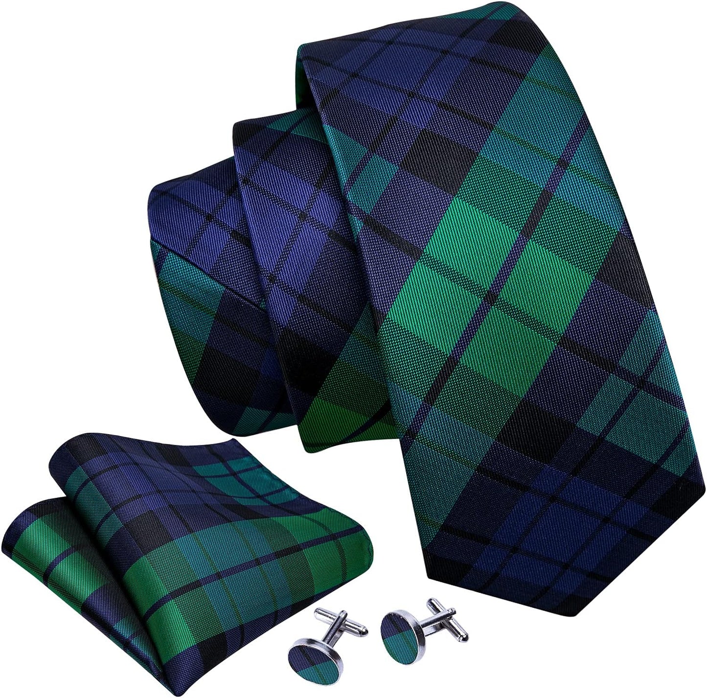 Barry.Wang Designer Classic Ties for Men Set Formal Pocket Square Cufflink Check Plaid
