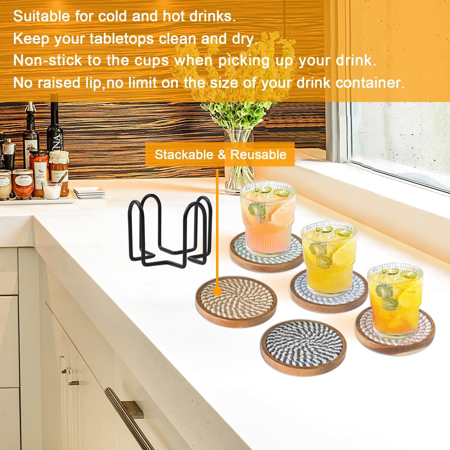 Coasters for Drinks Absorbent Sets of 5, Woven Coasters with Holder, Wood Coasters for Coffee Table, Housewarming Gift for Farmhouse Home Decor, 4 inches (Colorful Series)