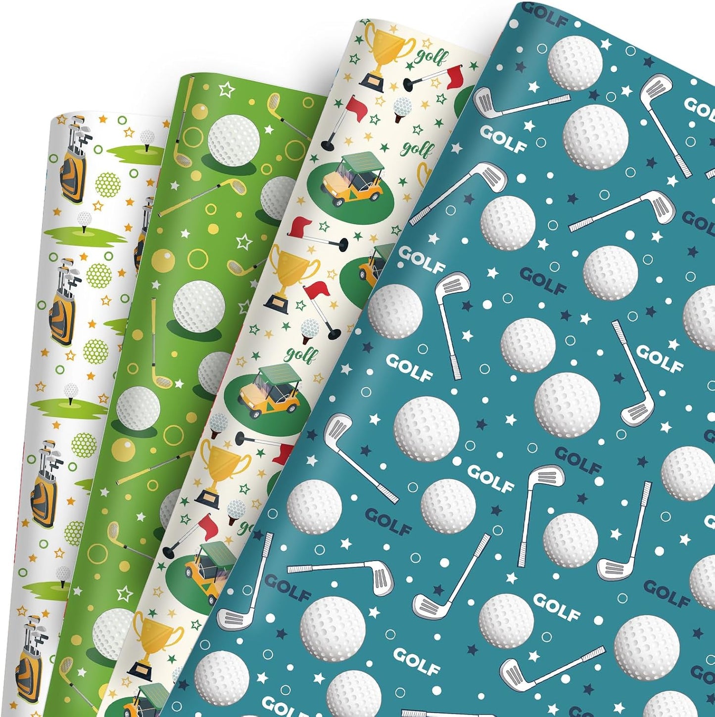 Golf Cart Bag Design Wrapping Paper - 12 Sheets Blue Green Golfing Gift Wrap Sports Themed Gifts for Birthday, Holiday - 20" x 28
