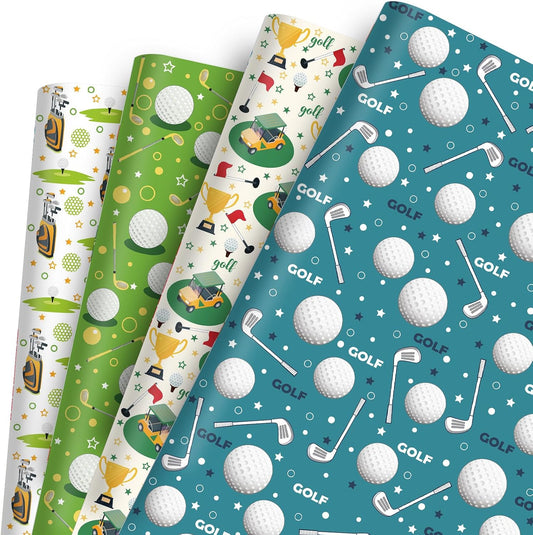 Golf Cart Bag Design Wrapping Paper - 12 Sheets Blue Green Golfing Gift Wrap Sports Themed Gifts for Birthday, Holiday - 20" x 28