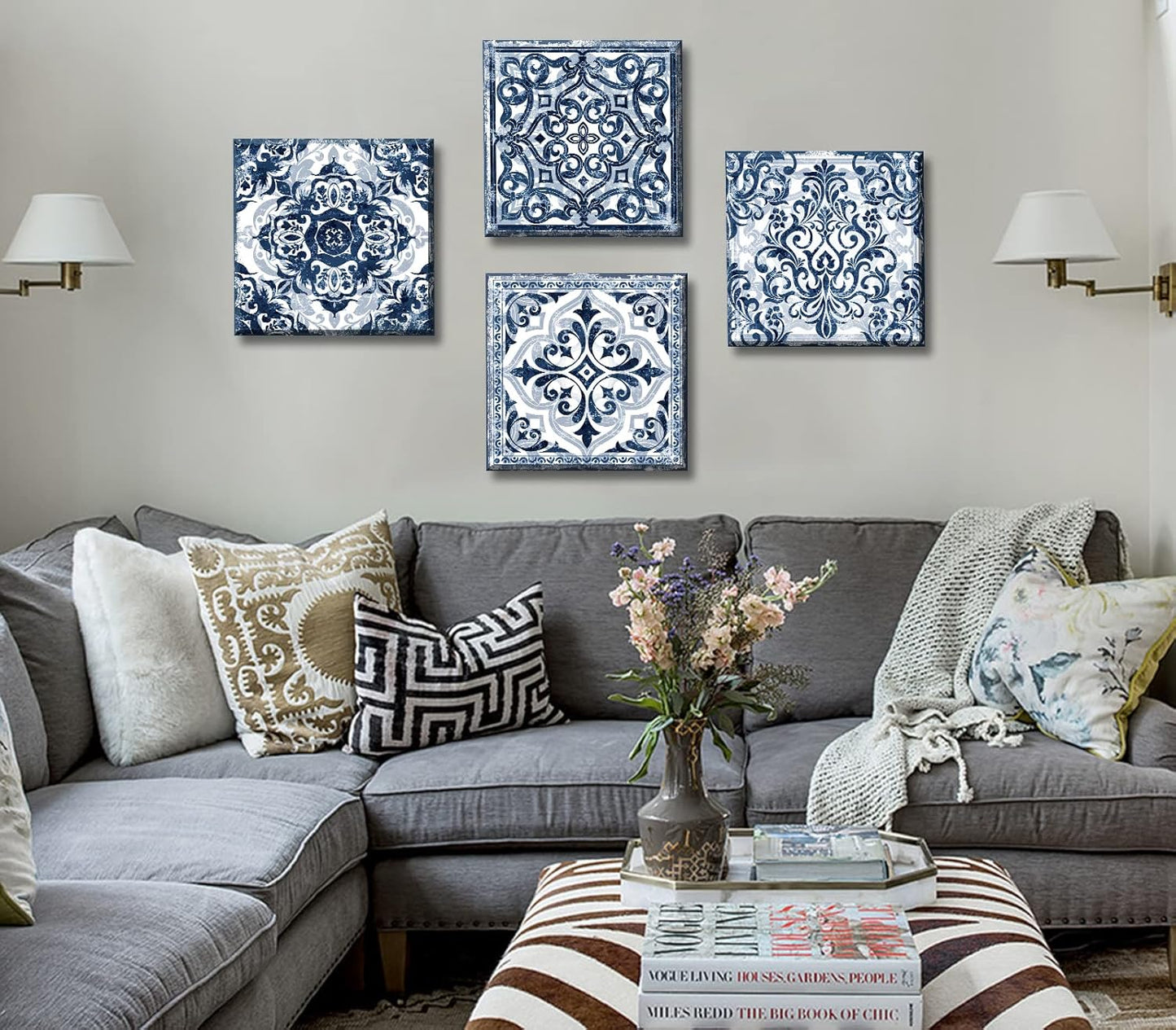 DJSYLIFE Bathroom Wall Decor Navy Blue Flower Paintings Canvas Prints Decoration Vintage Wall Art for Bedroom Framed Ready to Hang 12" Wx12 Hx4 pcs