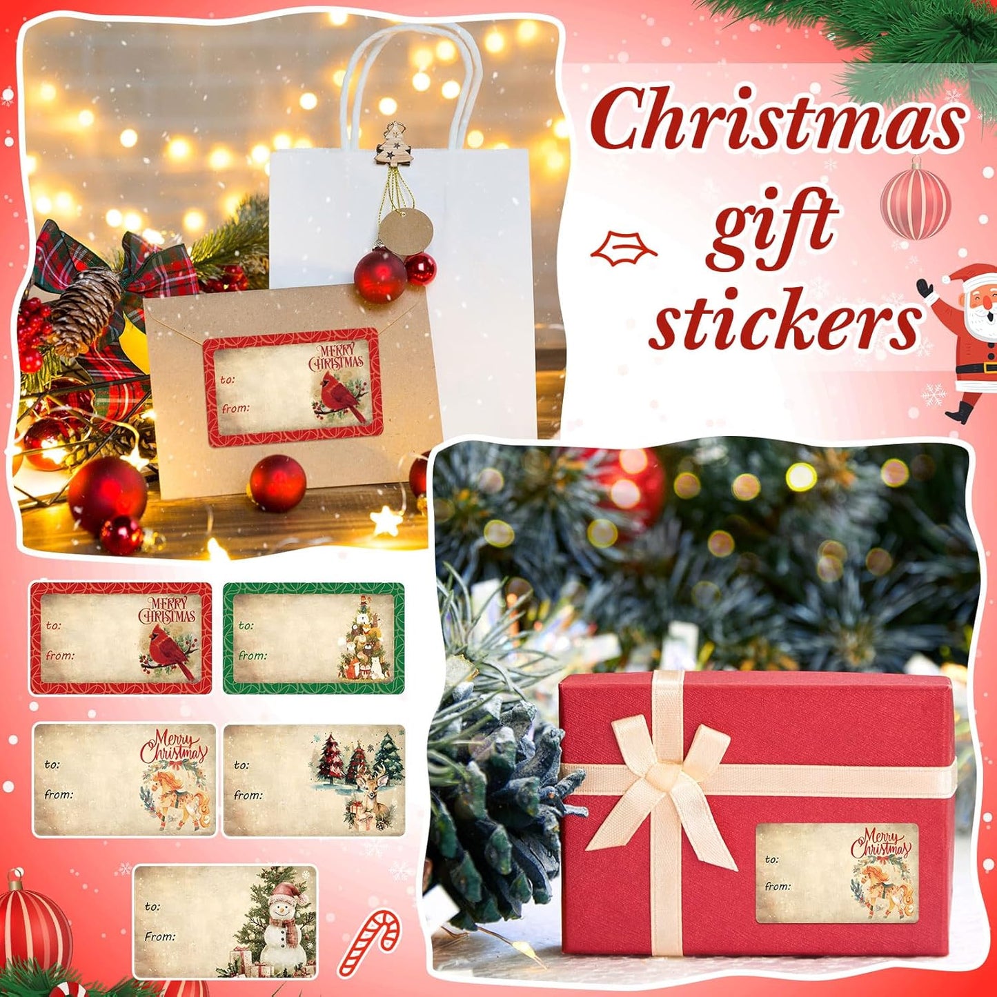 Outus 500 Pieces Christmas Tags Self Adhesive Gift Tags for Xmas Presents Christmas Name Labels Stickers for Wrapping Paper Festival Birthday Holiday Decor(Vintage Fashion Style,2.76 x 1.57 Inch)