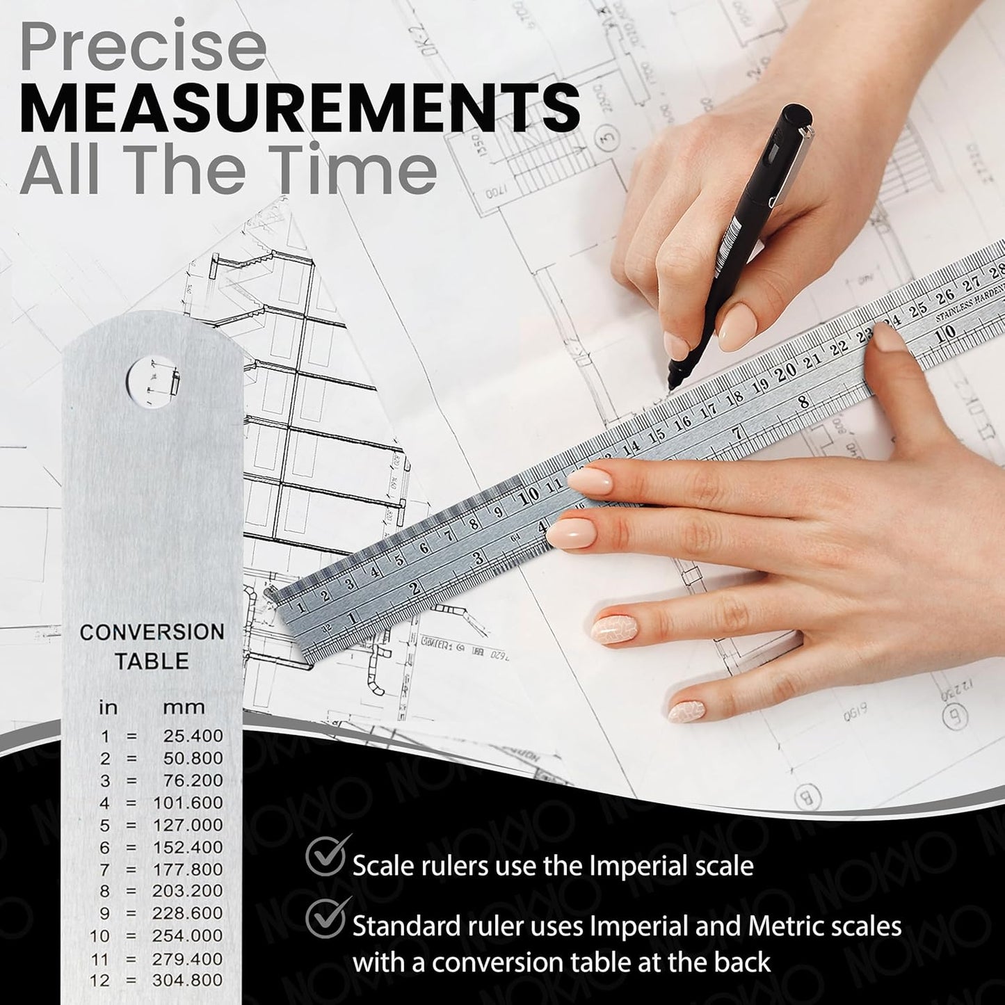NOKKO 12 Inch Architectural and Engineering Scale Ruler Set - Professional Architect and Engineer Scale Rulers for Drafting, Architects, Engineers, Construction, Students, Metal Ruler 12 Inch Included