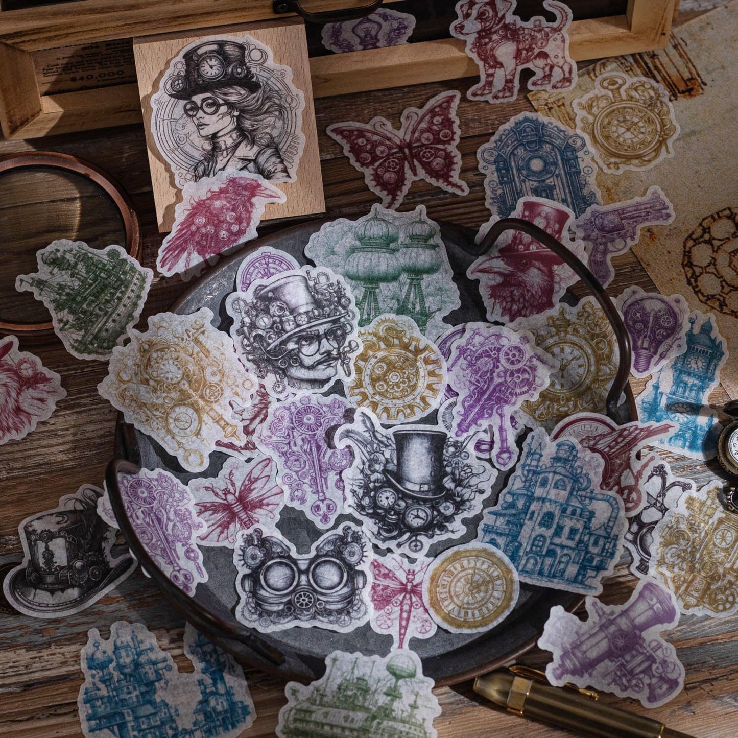 Retro Steampunk Washi Stickers, 180 Pcs Mechanical Ephemera for Scrapbooking, Journaling, DIY Crafts, and Art Supplies