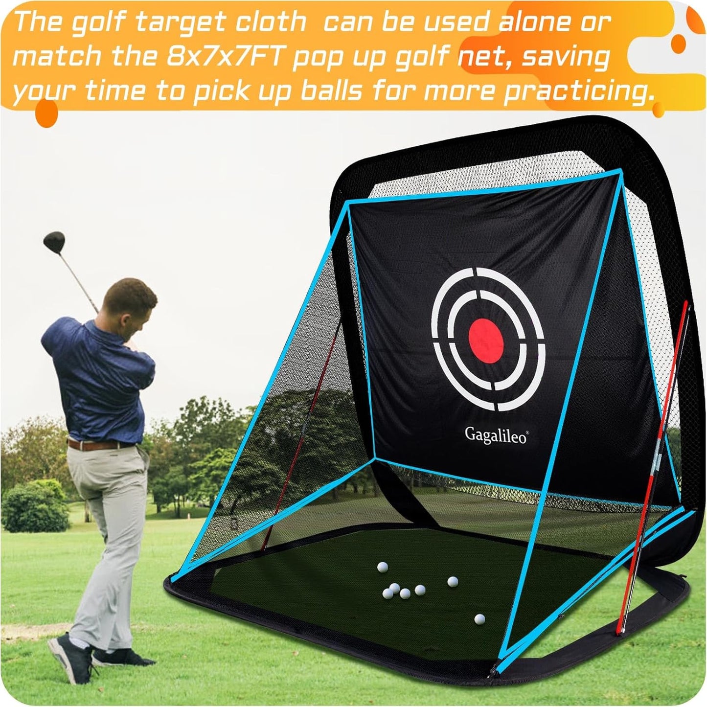 Gagalileo Golf Pop-Up Hitting Cage: 8x7x7FT Practice Net with Target Portable Backyard Garage Training for Driving Chipping Swing Beginners & Golf Enthusiasts