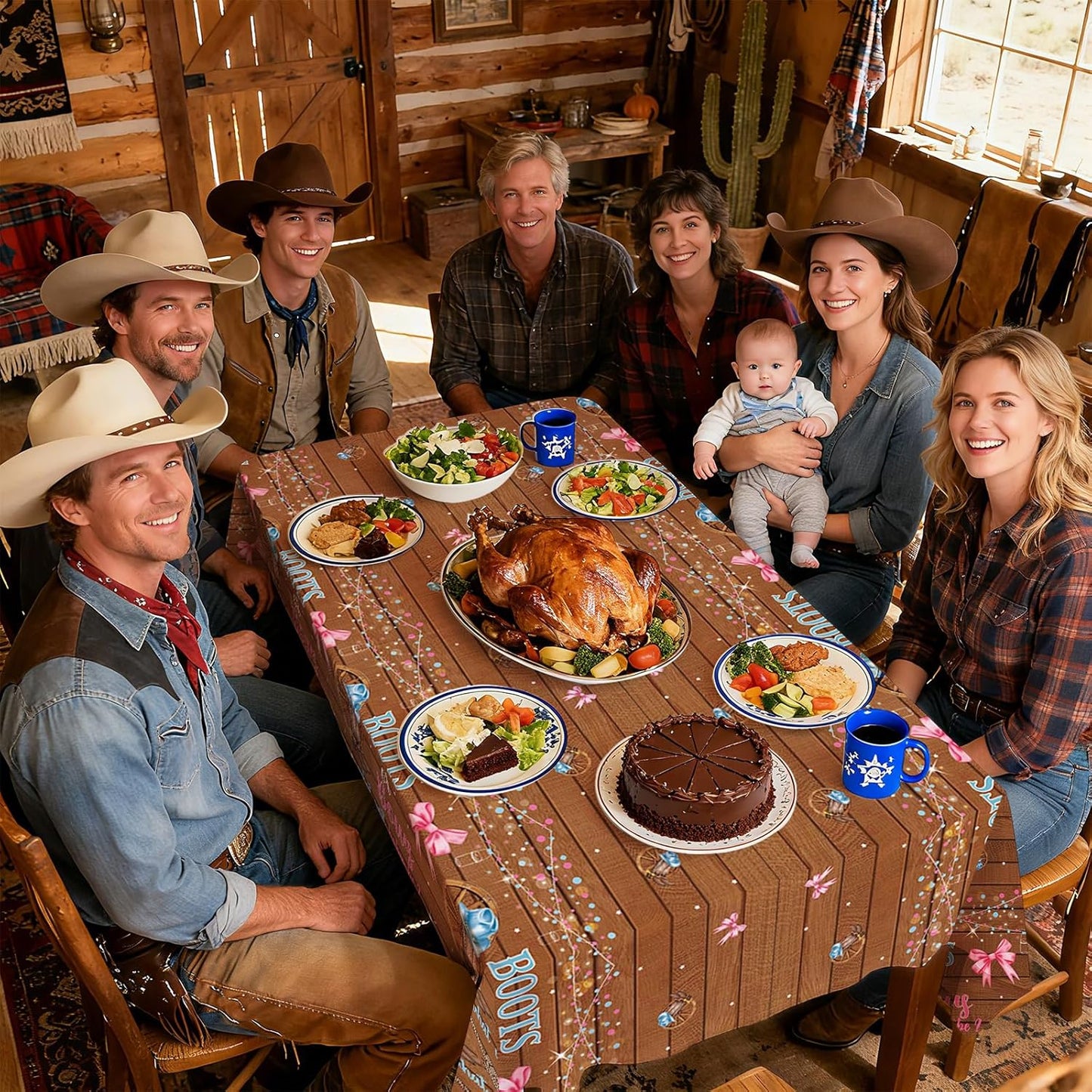 3Pcs Boots or Bows Gender Reveal Tablecloth What Will Baby Be He or She Table Cover Plastic Rectangle Blue or Pink Table Cloth for Western Cowgirl Cowboys Gender Reveal Party Supplies 54" x 108"