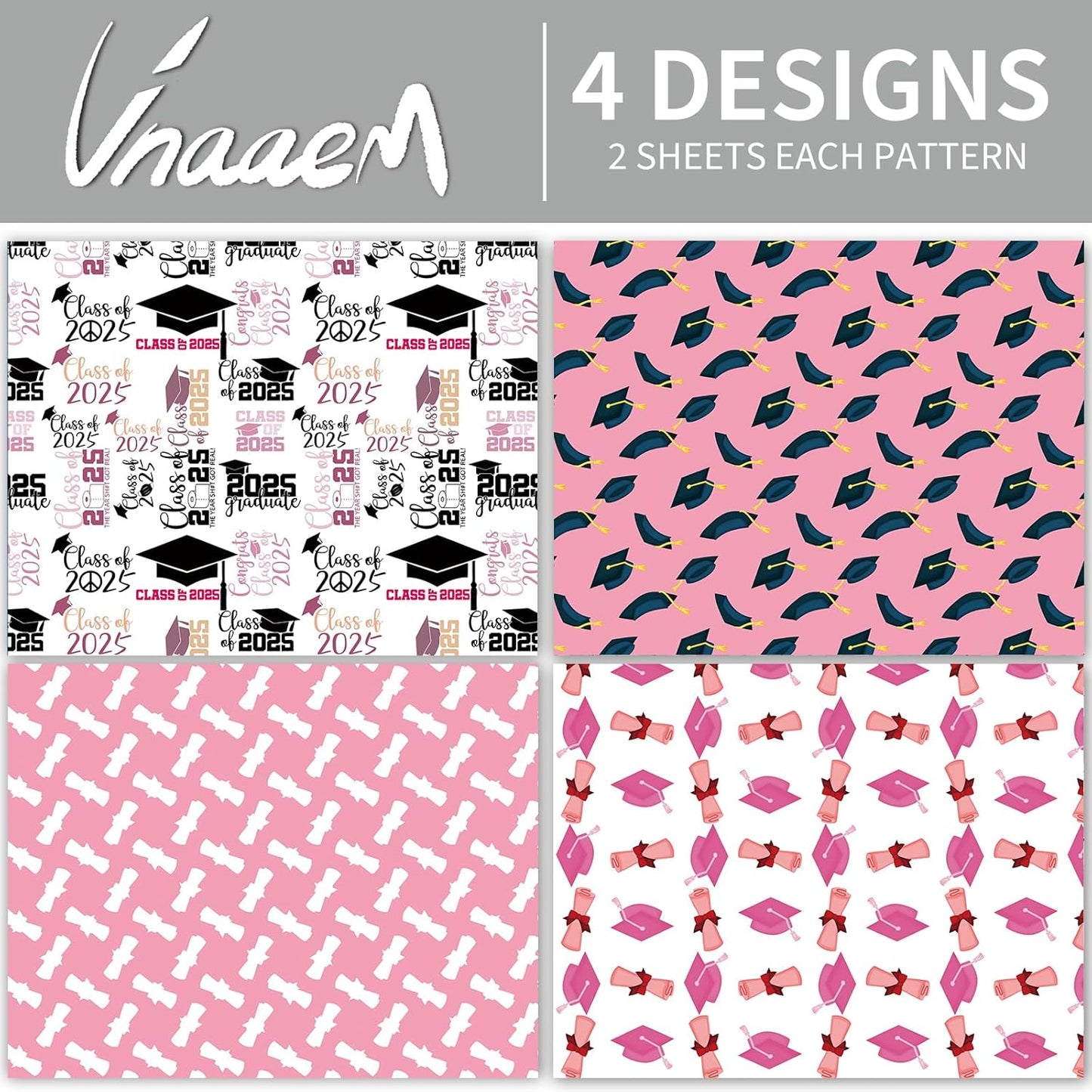 Vnaaem Pink Graduation Wrapping Paper 2025-4 Designs Grad Gift Wrap Folded Flat for Girls Kids - 20 X 28Inches Per Sheet(8 Pack)