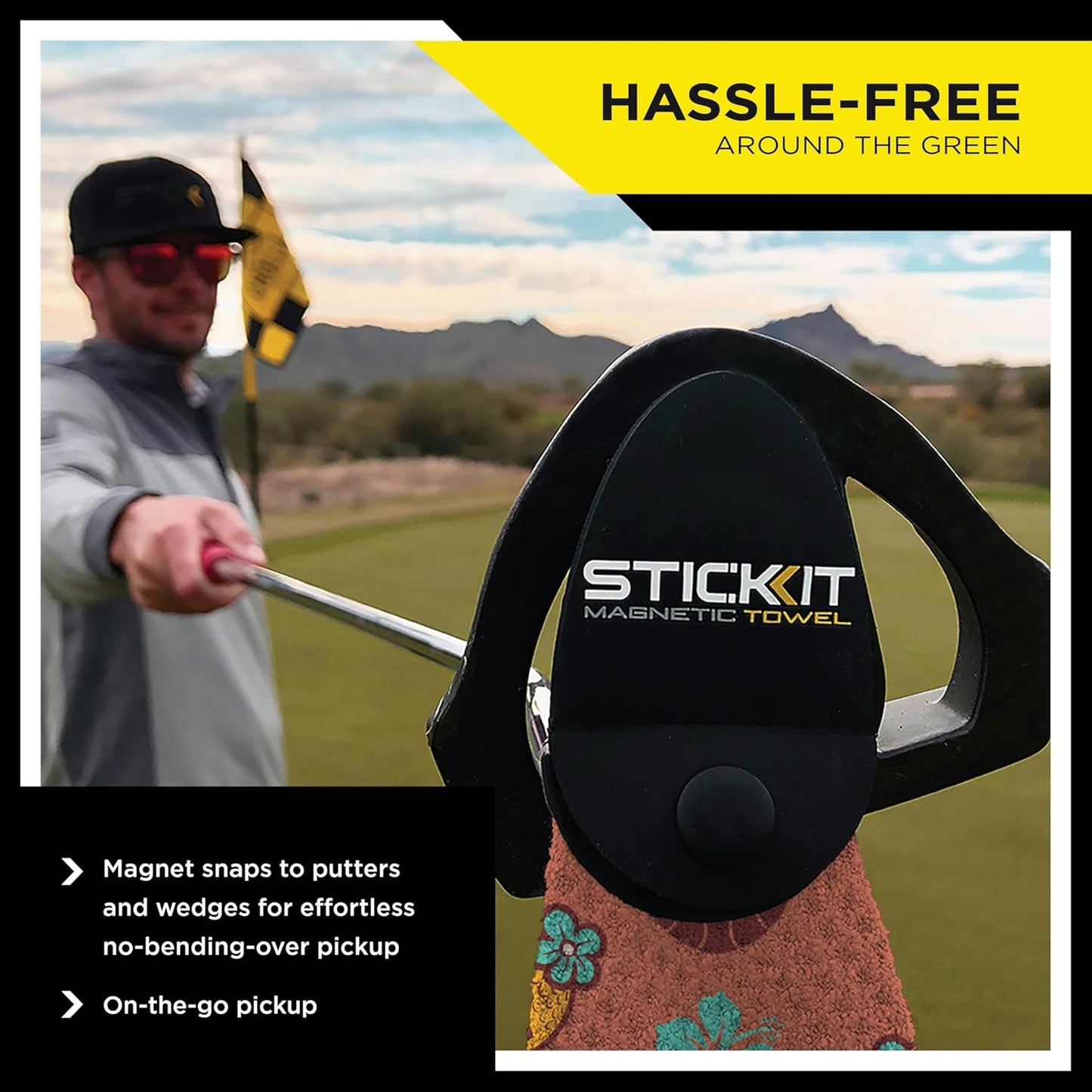 STICKIT Magnetic Salmon Pink Tiki Golf Towel | Top-Tier Microfiber Golf Towel with Deep Waffle Pockets | Industrial Strength Magnet for Strong Hold to Golf Carts or Clubs