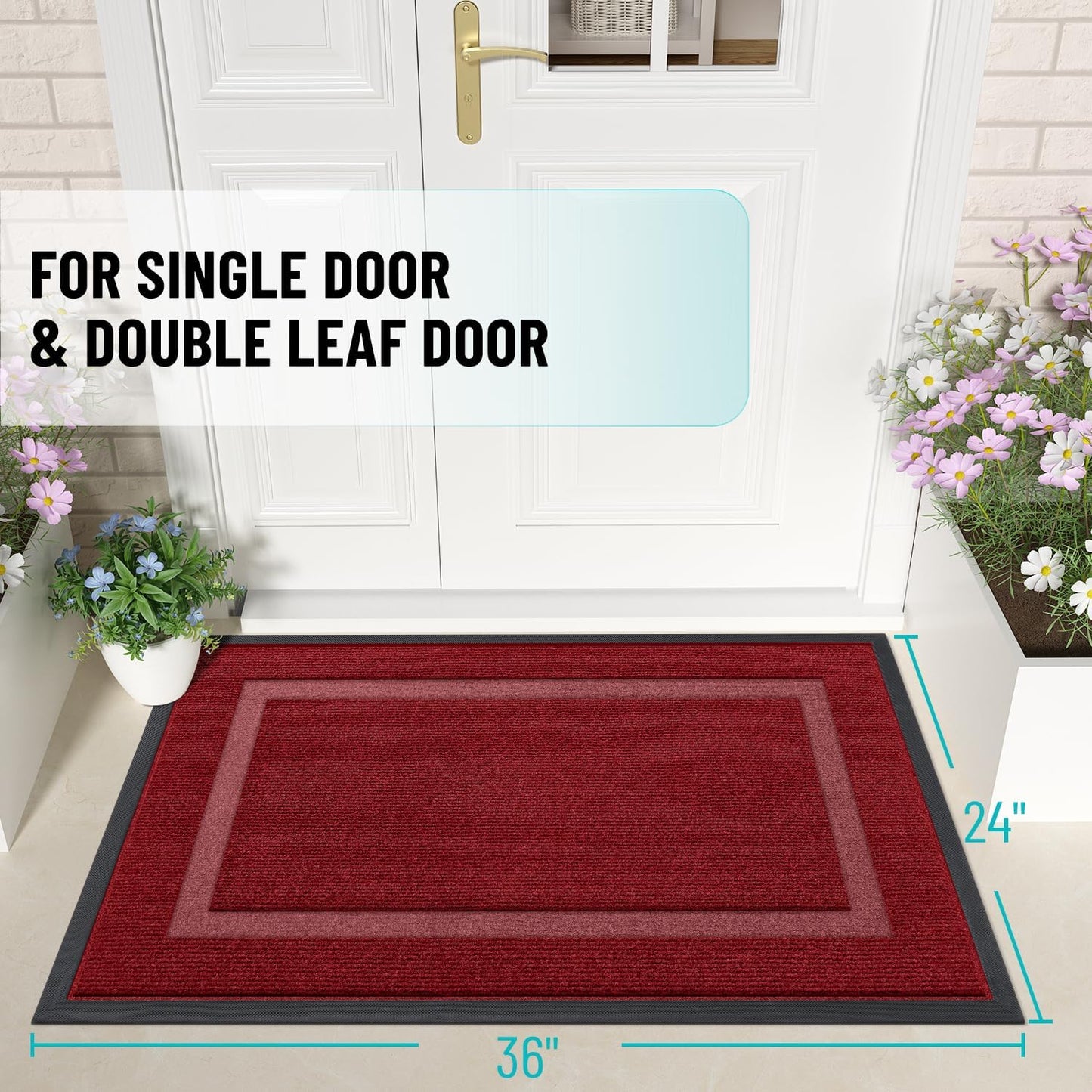OLANLY Front Door Mat Indoor Outdoor Entrance, Waterproof All-Season, All-Weather Doormat, Sturdy Natural Rubber, Fade Resistant, Low Profile, Easy Clean Patio Porch Entryway Mat, 36x24, Wine Red