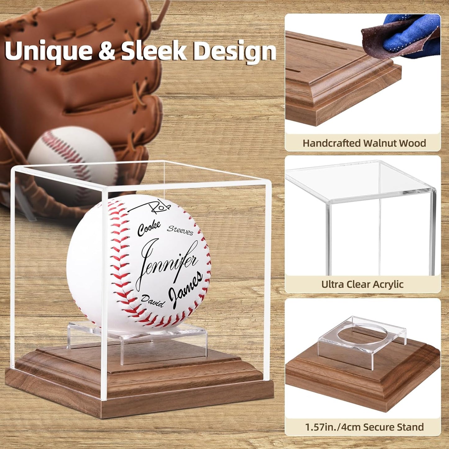 Baseball Display Case Walnut Wood Base Acrylic Baseball Case Display for Balls Uv Protection Baseball Holder Cube Box Stand Memorabilia Autograph Ball, Ideal Gift for Official Size Ball Display
