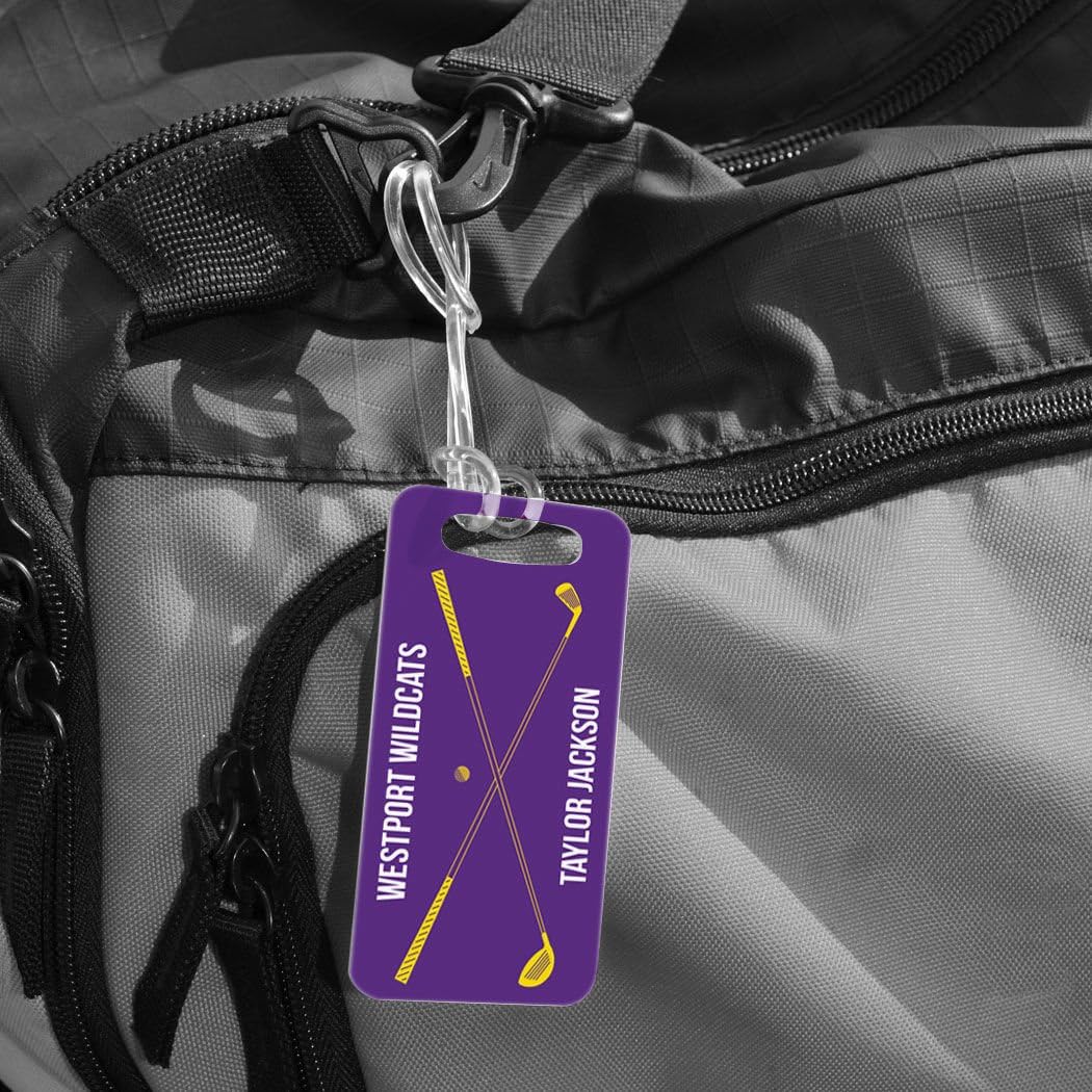 ChalkTalkSPORTS Golf Luggage & Bag Tag | Personalized Crossed Golf Clubs | Standard Lines on Back | Small | Purple/Yellow
