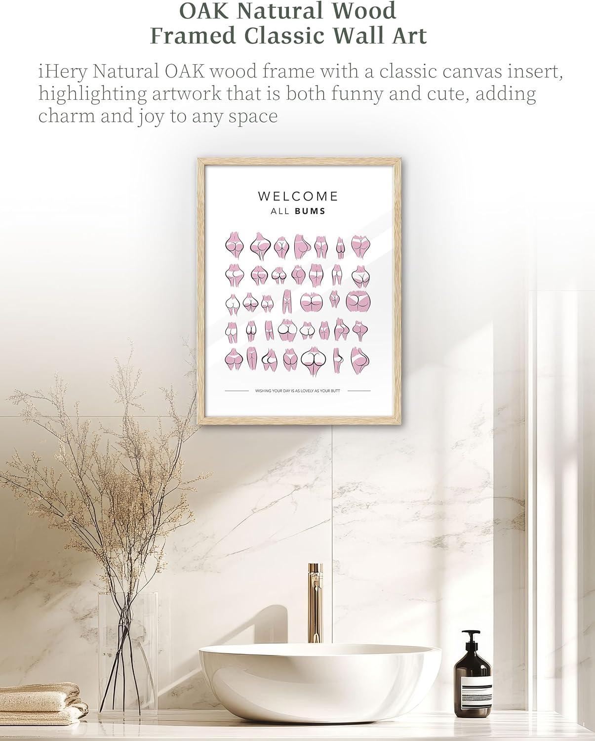 iHery Natural OAK Walnut Color Wood Nice Bum Framed Wall Art, 12x16in All Bums Are Welcome Pink Nice Butt Bathroom Wall Art, Canvas Funny Cute Bathroom Sign Wall Decor For Toilet Set of 1 Gift