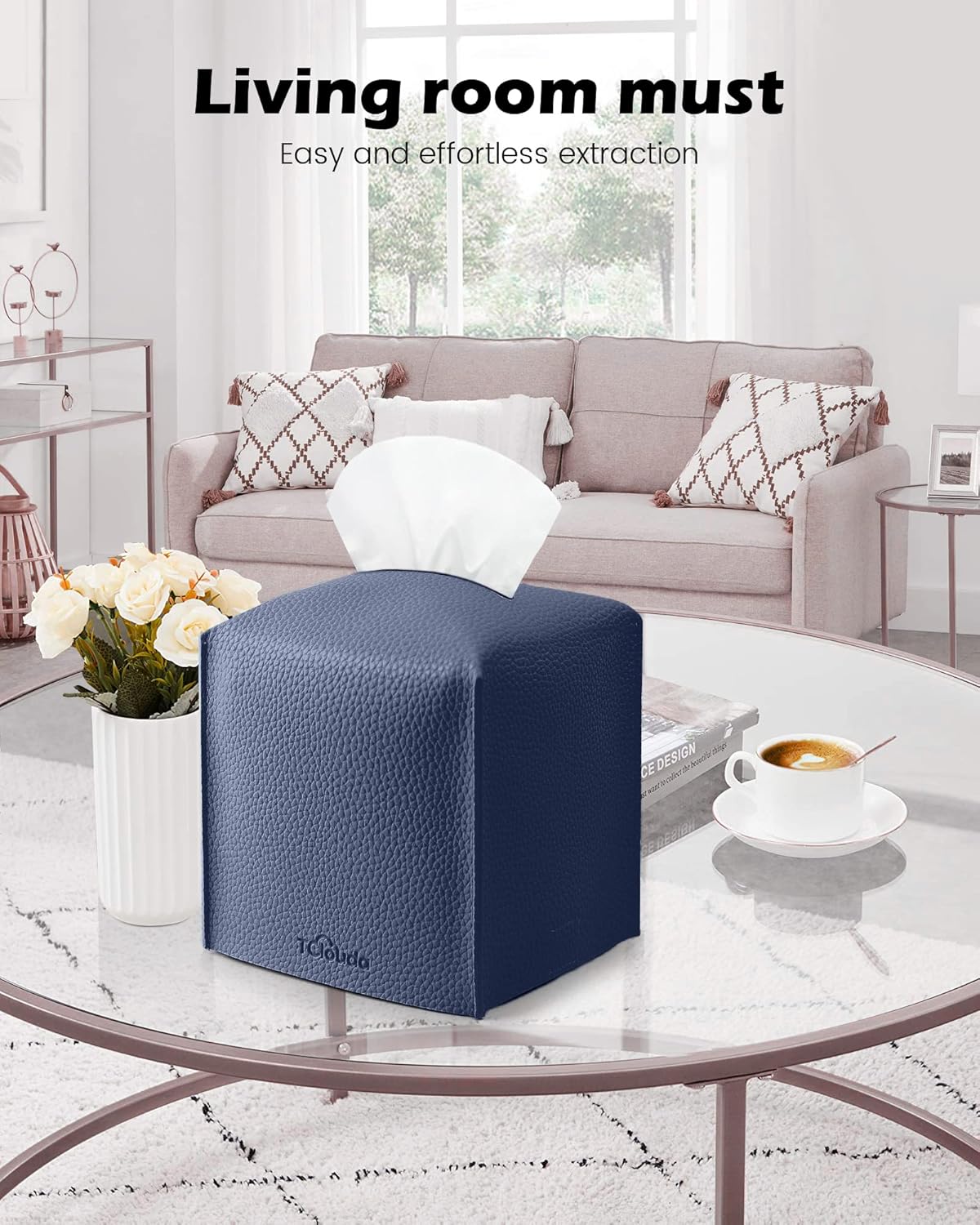 Tissue Box Cover for PU Leather, Modern Simple Solid Color Holder Square Tissue Bag, Ideal for Bathrooms,Office,Car,Outdoor Tent,Dining Table,5"X5"X5", Double Navy Blue