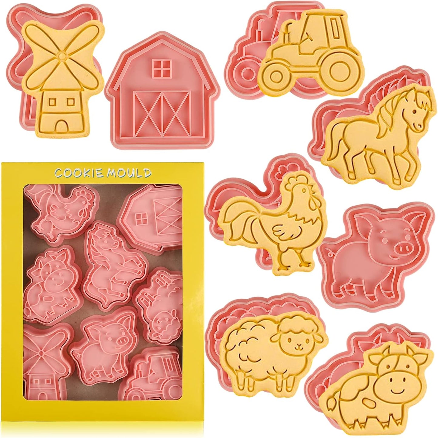 Farm Cookie Cutters Set, 8 Pcs Cookie Cutter with Plunger Stamps, Cute Cookie Cutters for DIY Biscuit Snacks Cheese Baking