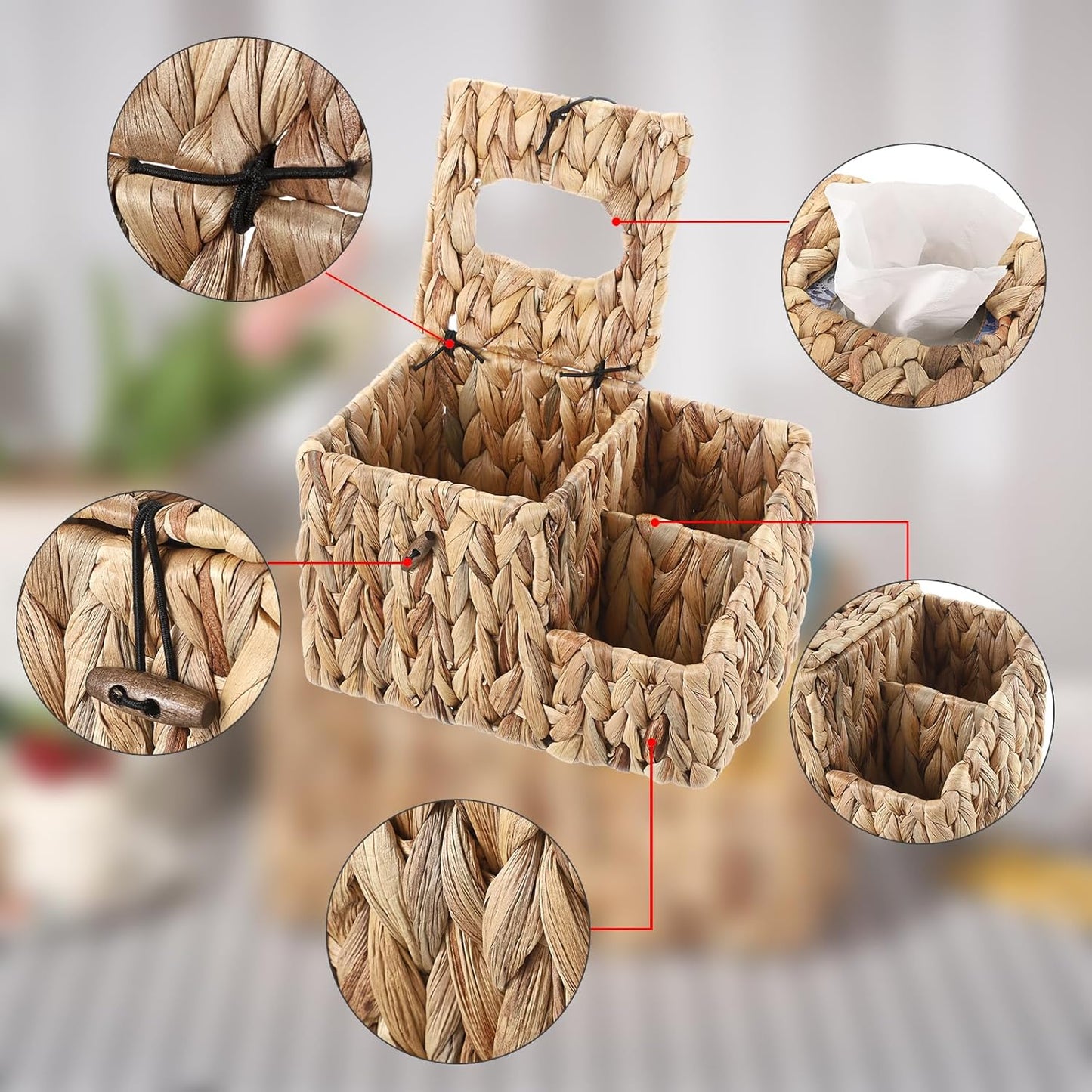 Sumnacon Square Tissue Box Cover with Side Organizer - Wicker Cube Tissue Box for Bathroom Toilet (Water Hyacinth, Natural)