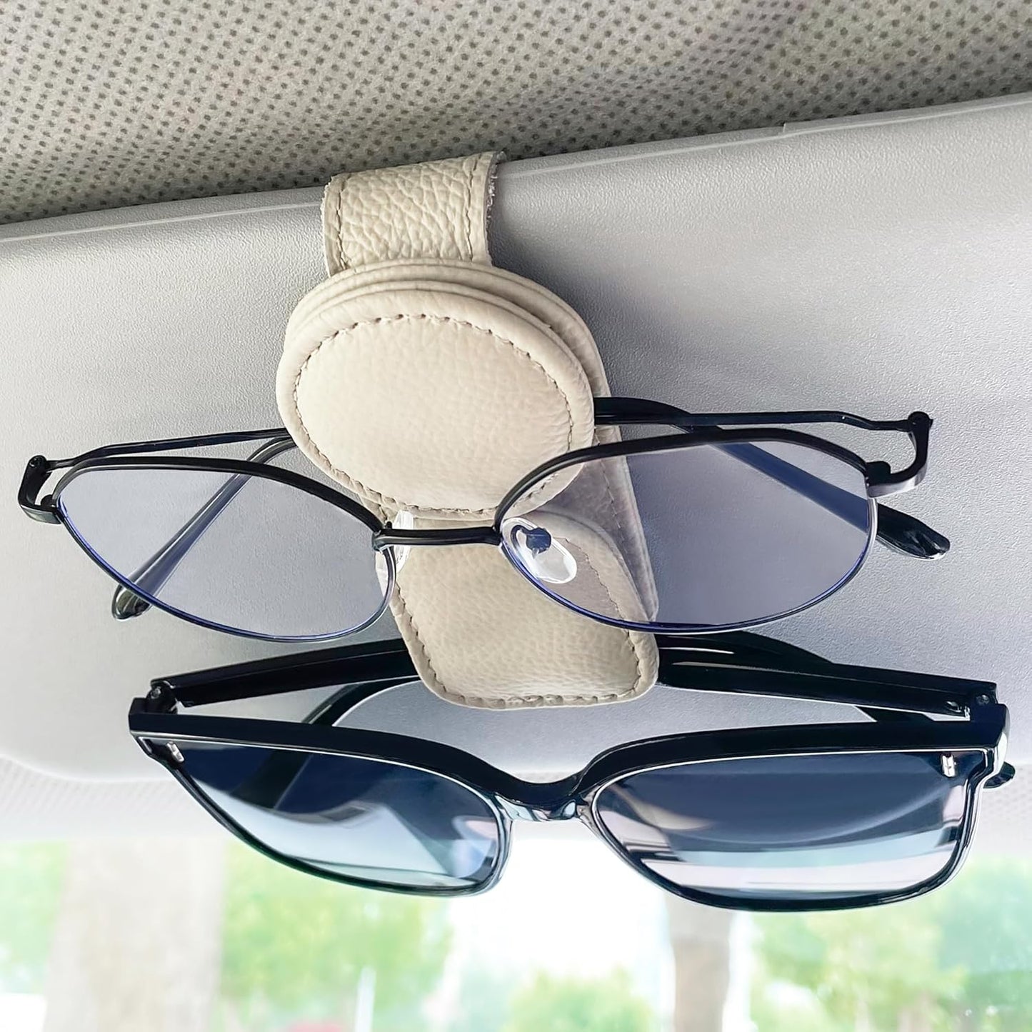 KIWEN Sunglasses Holder for Car Visor, Magnetic Leather Sunglass Eyeglass Hanger Clip for Car Sun Visor Accessories (1, Beige)