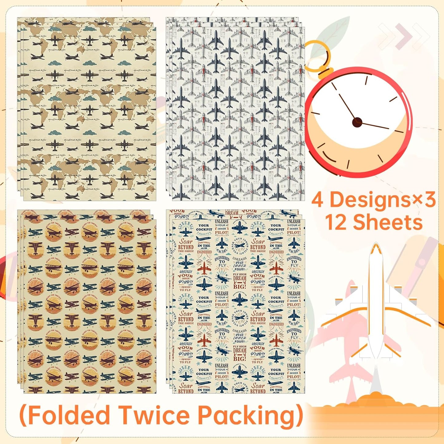 Pineraap Airplane Wrapping Paper 12 Sheets Fighter Jet Military & Airplane Themed Designs Gift Wrap for Aviation Enthusiasts,Pilots,20"×28"