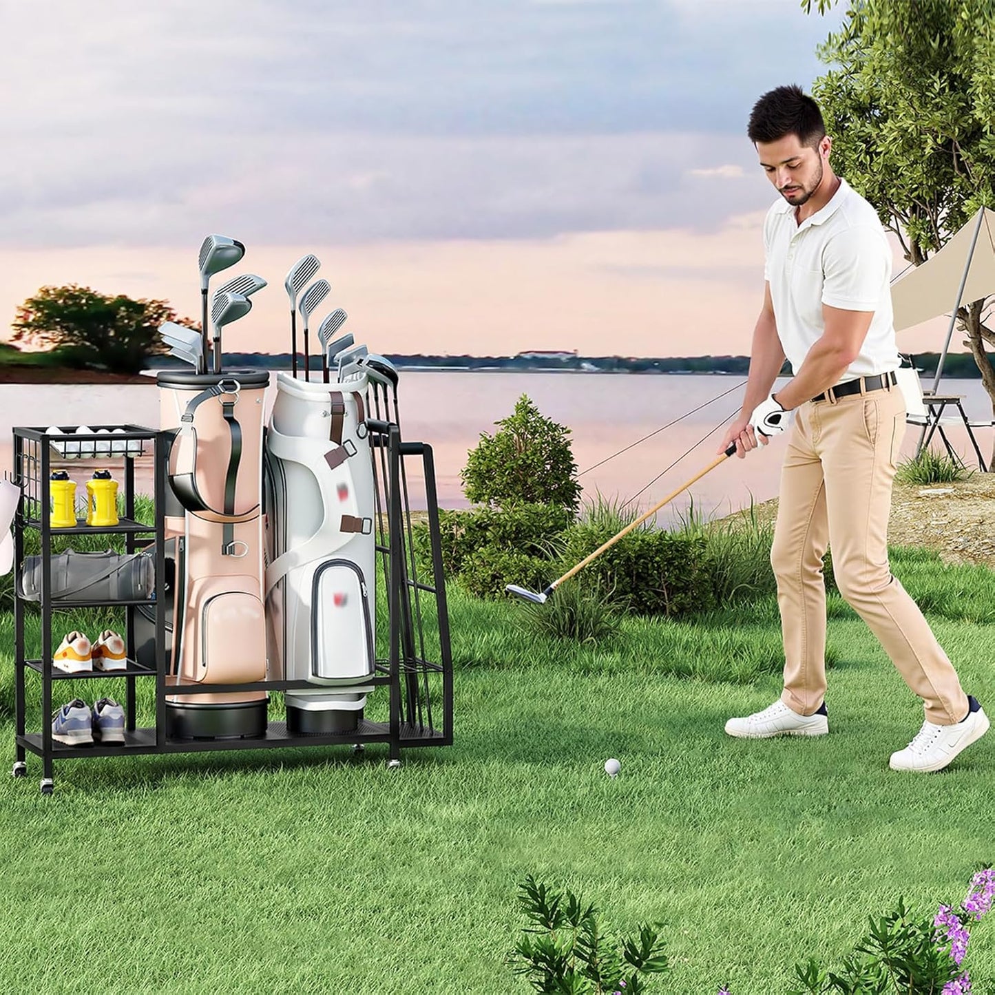 HOOBRO Golf Bag Storage Garage Organizer, Golf Bag Storage Stand Fits 2 Golf Bags and Golf Equipment Rack with Wheels, Extra Storage Rack for Garage, Club, Basement, Black BK49CJ01