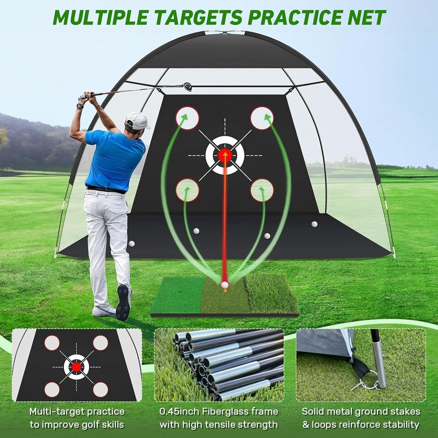 Golf Net, 10x7FT with Golf Practice Mat, Hitting Aid Nets for Backyard Driving Chipping Training Swing with Targets Outdoor or Indoor– Gifts for Men/Dad/Him