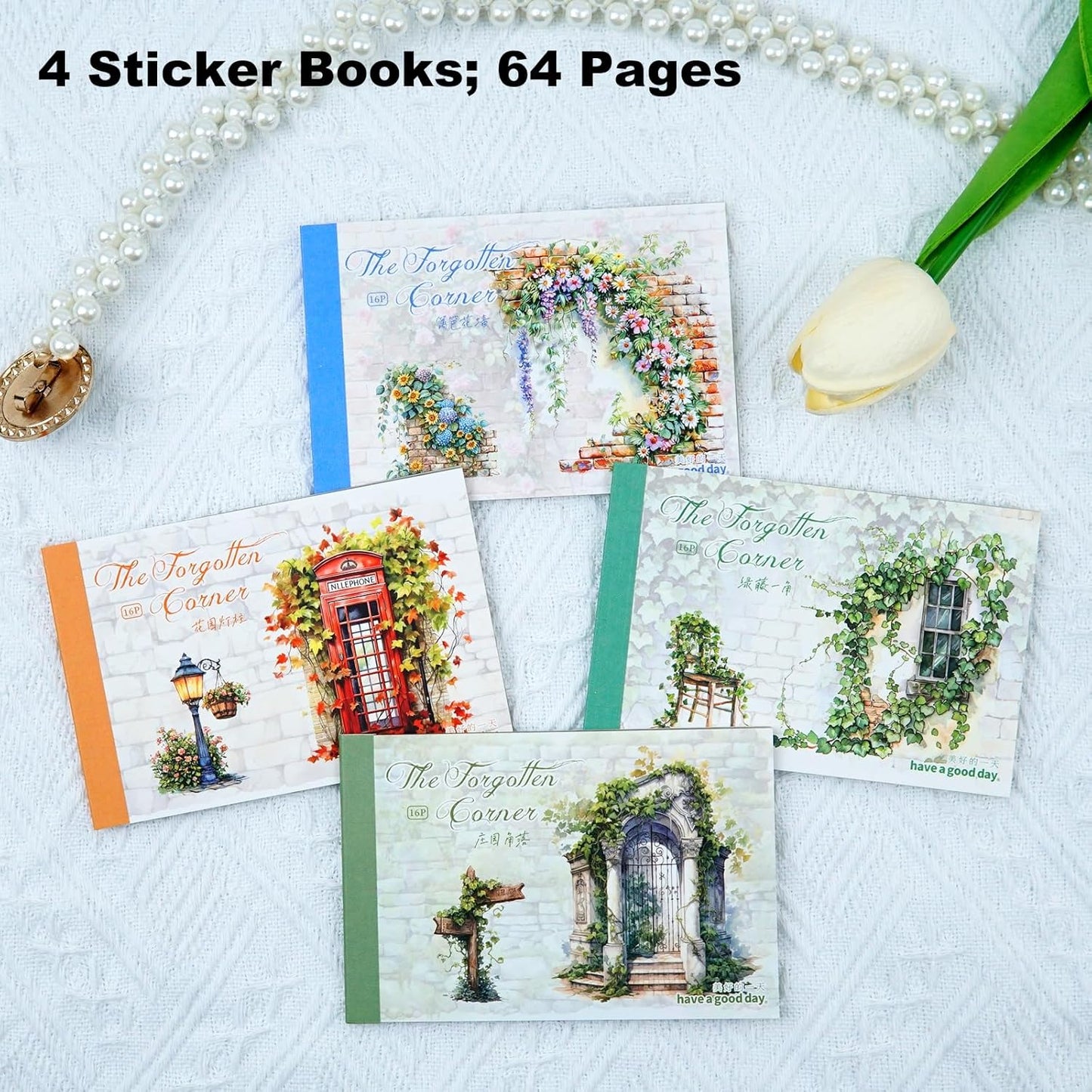 Vintage Garden PET Sticker Book Set – 4 Books, 64 Pages of Pre-Cut Waterproof Floral Stickers for Journaling, Scrapbooking, DIY Crafts and Planner Supplies