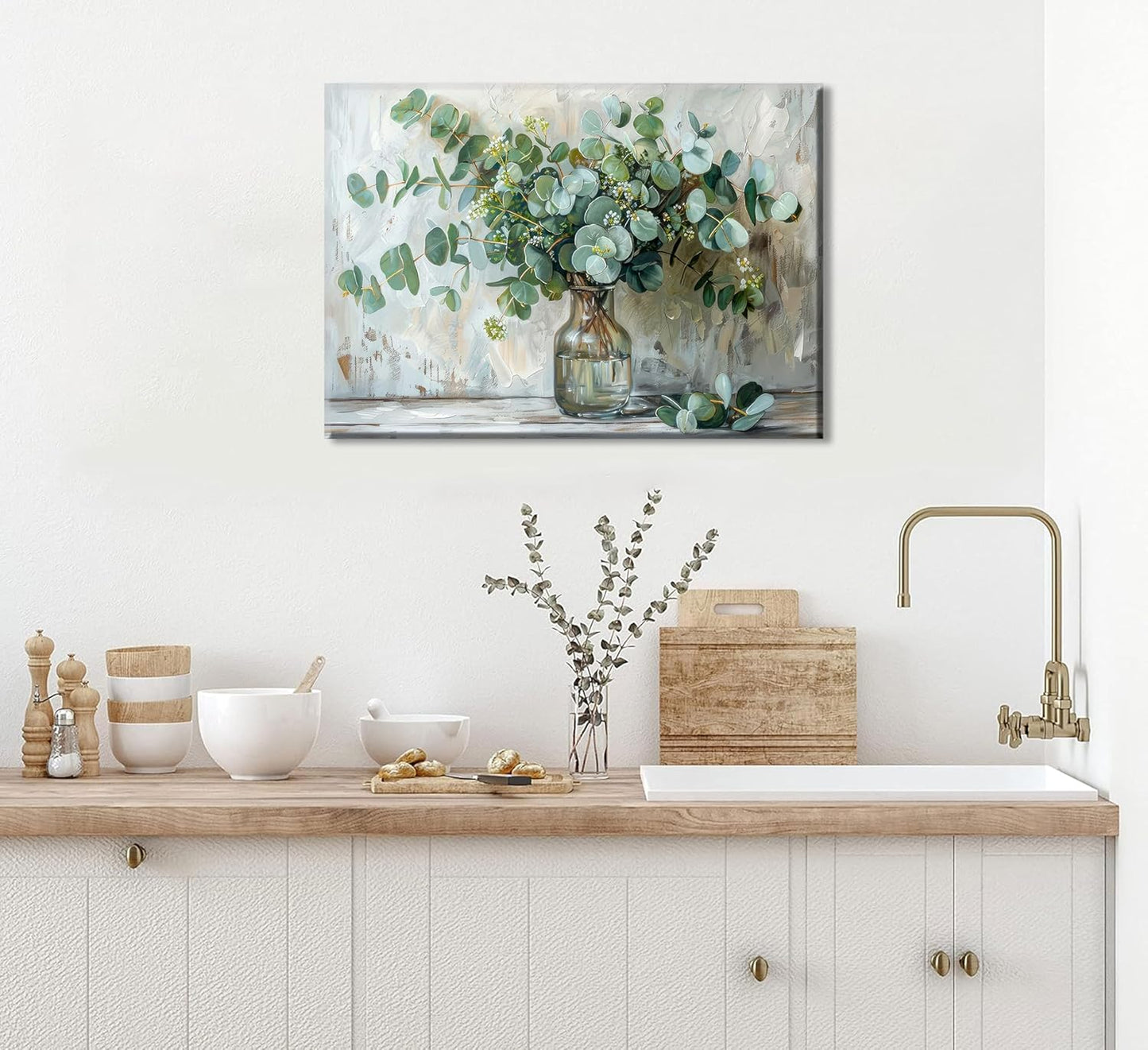 Eucalyptus Flower Glass Vase Canvas Wall Art Bathroom Wall Decor Vintage Farmhouse Botanical Posters Painting Rustic Mason Jar Flower Arrangement Pictures Print for Bathroom Bedroom Decoration Framed