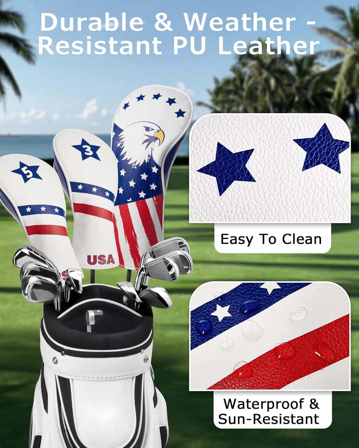 Golf Head Covers, 3 Pack Golf Club Head Covers USA Stars and Stripes, Velour Lined for Extra Club Protection, Designed to Fit All Woods and Drivers Velour Lined