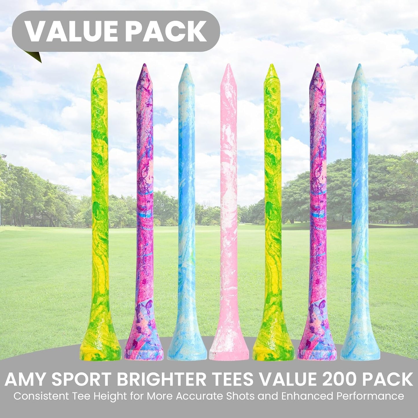 Amy Sport Golf Tees Styllish Bamboo Wooden Coloured Painted Bulk 200 Pack 1 1/2 3 1/4 2 3/4 Inch Tee, Enhanced Visibility Color Purple Pink Green Blue, Practice for Men Women