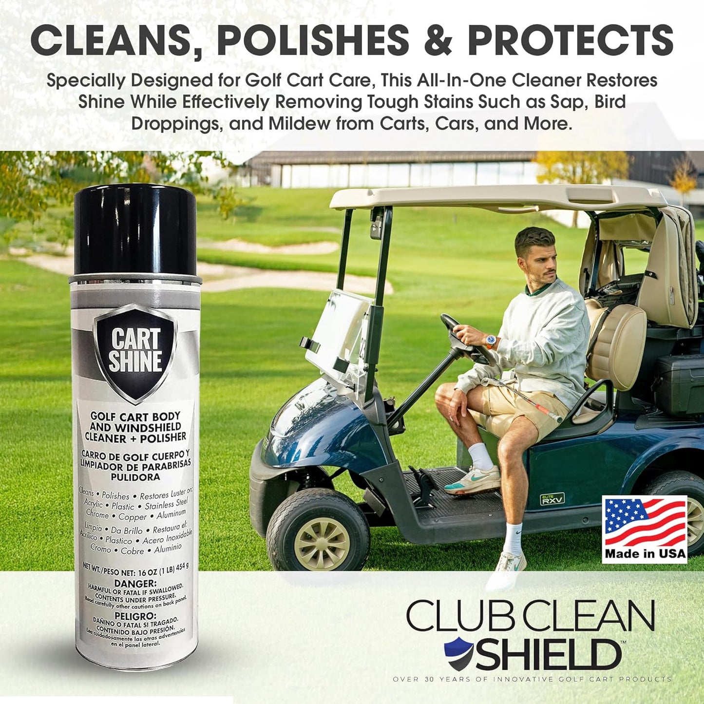 Club Clean Cart Shine, Golf Cart Body Windshield Cleaner Plus Polisher - Hard Water Shield, Removes Hard Water Stains - Battery Acid Shield, Grease Spray, Lubricates & Rust Proofs - Trim & Tire Shield