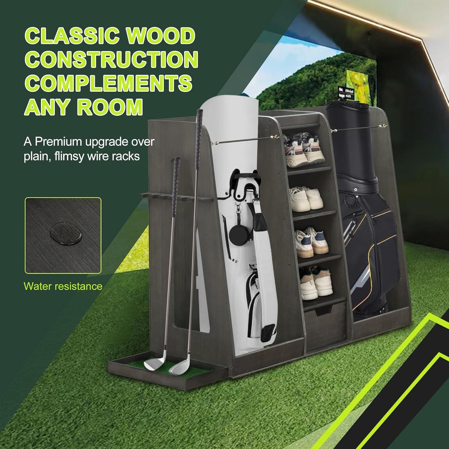 Golf Bag Organizer Storage Rack Stand Holder Fits 2 Extra Large Golf Club Bags and Multiple Golfing Equipment Accessories for Garage Home Simulator and Office