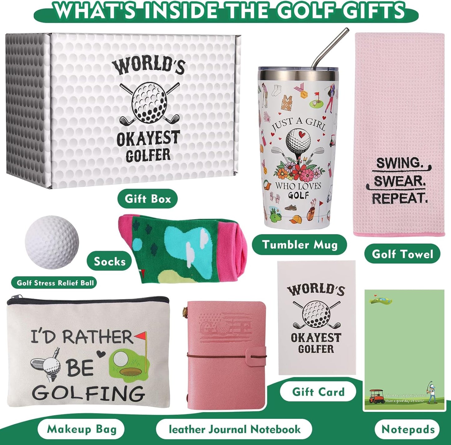 Golf Gifts for Women Unique Gifts Funny Golf Gift for Women Including Tumbler Mug Socks Sport Towel Leather Makeup Bag Notebook Notepad Relief Stress Ball for Birthday Christmas Mother Day