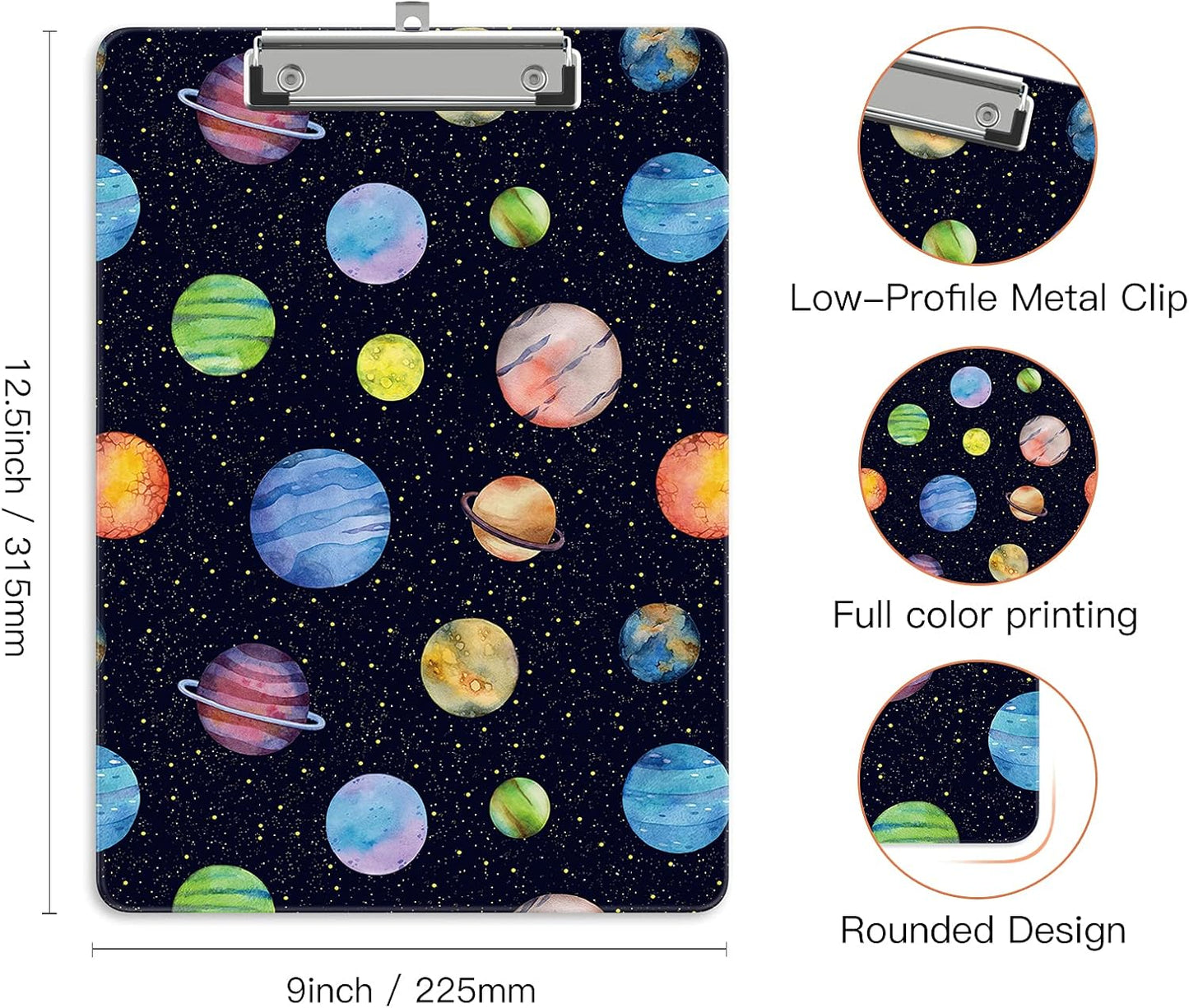 Plastic A4 Clipboards, Cute Clip Board Stardard Letter Size 9 x 12.5 in, Office Decorative for Students Women Men and Kids, Planet