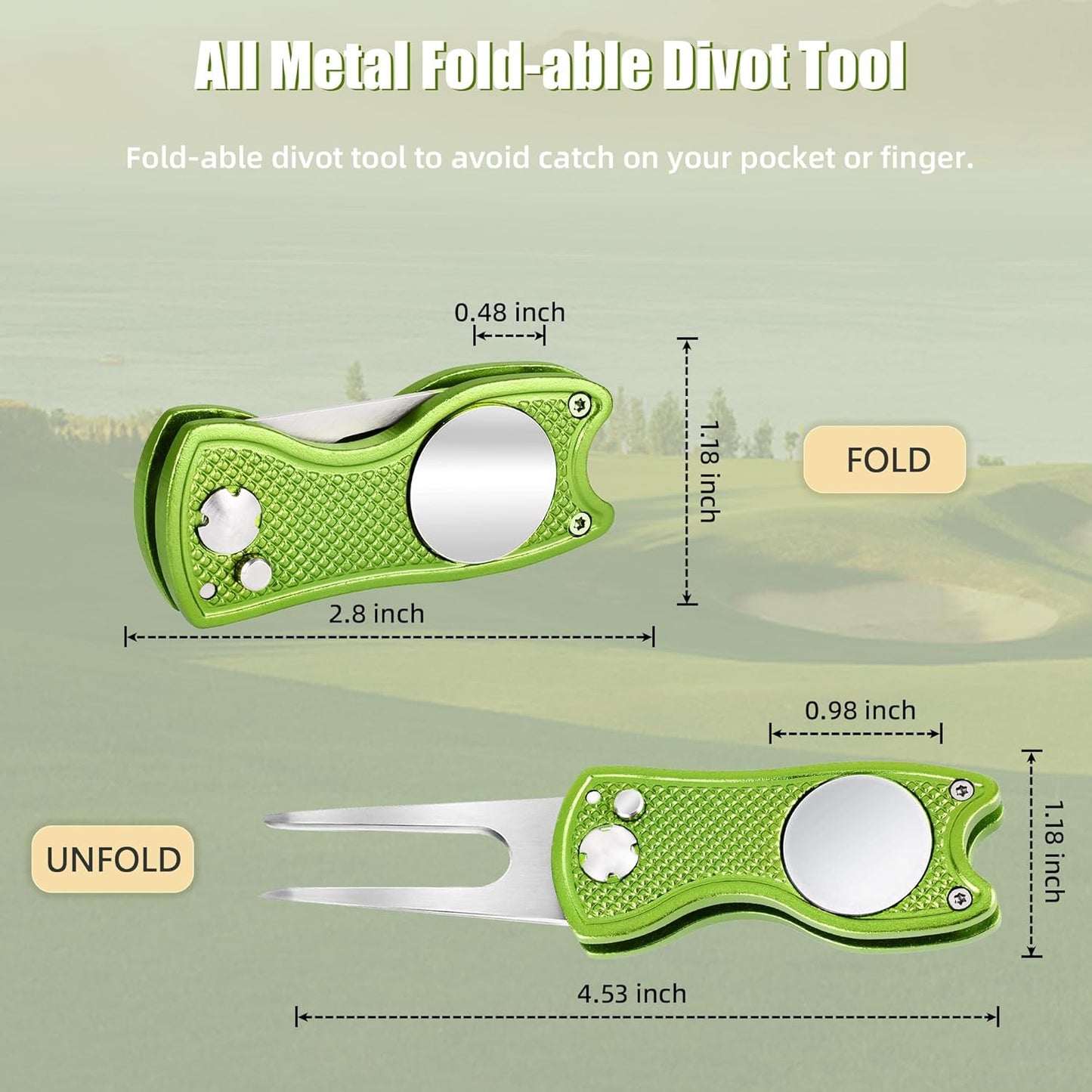 Mile High Life Golf Divot Repair Tool, All Metal Foldable Divot Tool with Pop-up Button & Magnetic Ball Marker, 2-6 Pack