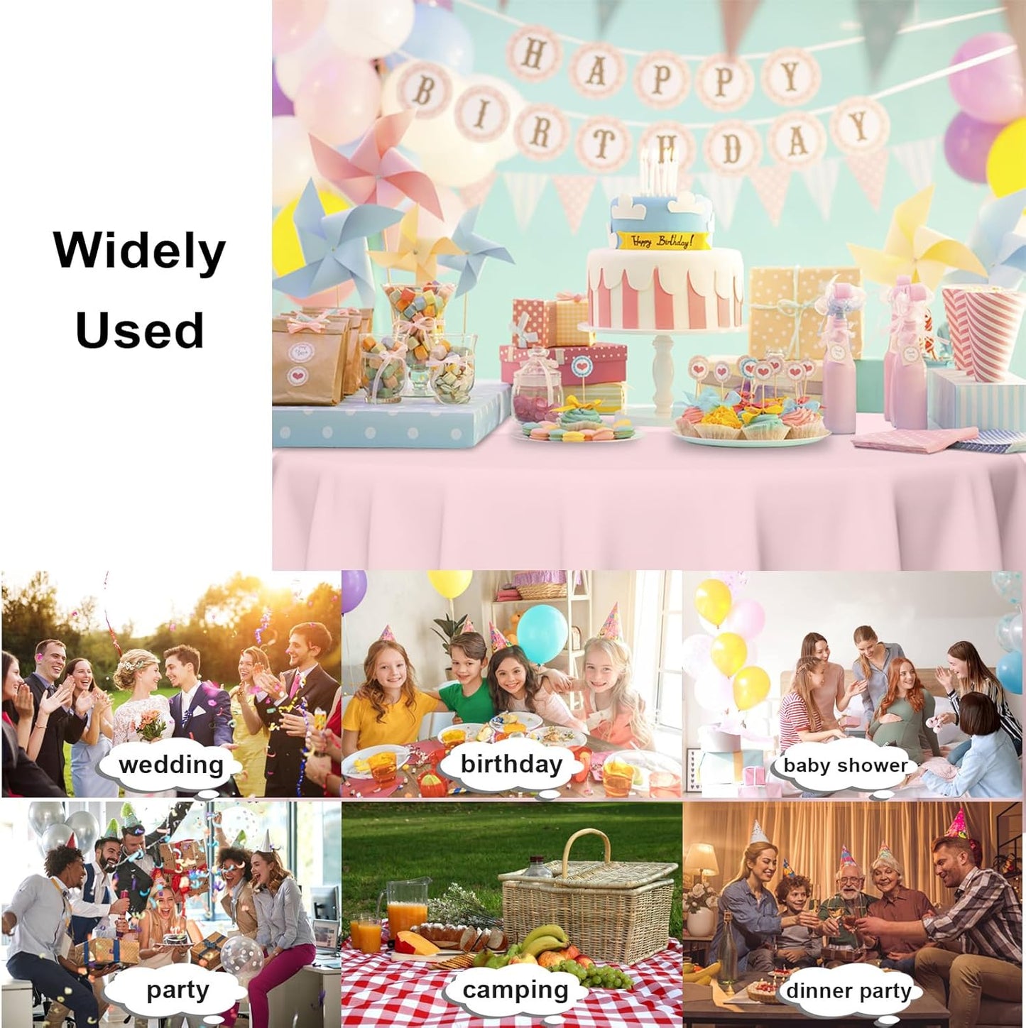 3 Pack Round Disposable Pink Tablecloth, Pink Plastic Table Cloths for Parties Disposable, 84x84 in Waterproof Camping Tablecloth for Birthday Party Baby Shower Picnic School