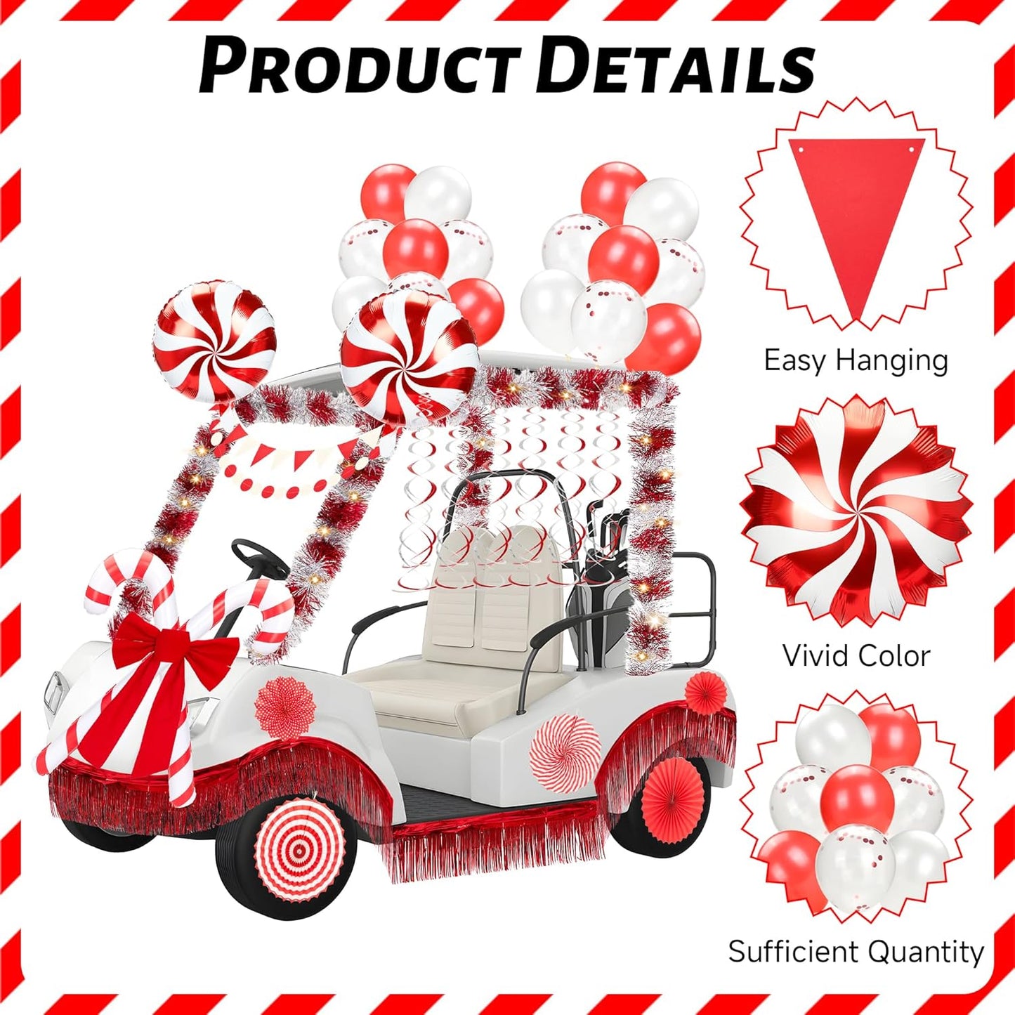 48 Pcs Christmas Parade Golf Cart Decoration Kit with Light String Red White Streamers Candy Canes Balloons Bow Pleated Fan Fringe Banners for Christmas Holiday Party Golf Cart Accessories