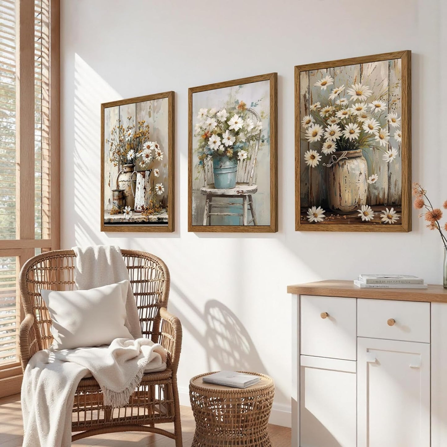 DUWQU 3 Piece Framed Elegant Farmhouse Canvas Wall Art, Vintage Floral Pictures Art Wall Decor, Nature Themed Daisy Art Prints for Living Room Bedroom Kitchen and Office Ready to Hang 12×16 Inches