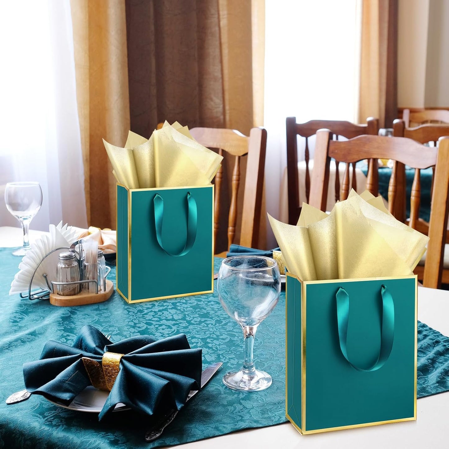 Yeaqee 24 Pack Metallic Paper Gift Bags with Handle and Tissue 9x7x3.1 Gold Foil Welcome Favor Bags Return Gifts for Wedding Fall 5 Senses Christmas Bridesmaid Birthday(Turquoise, Gold)