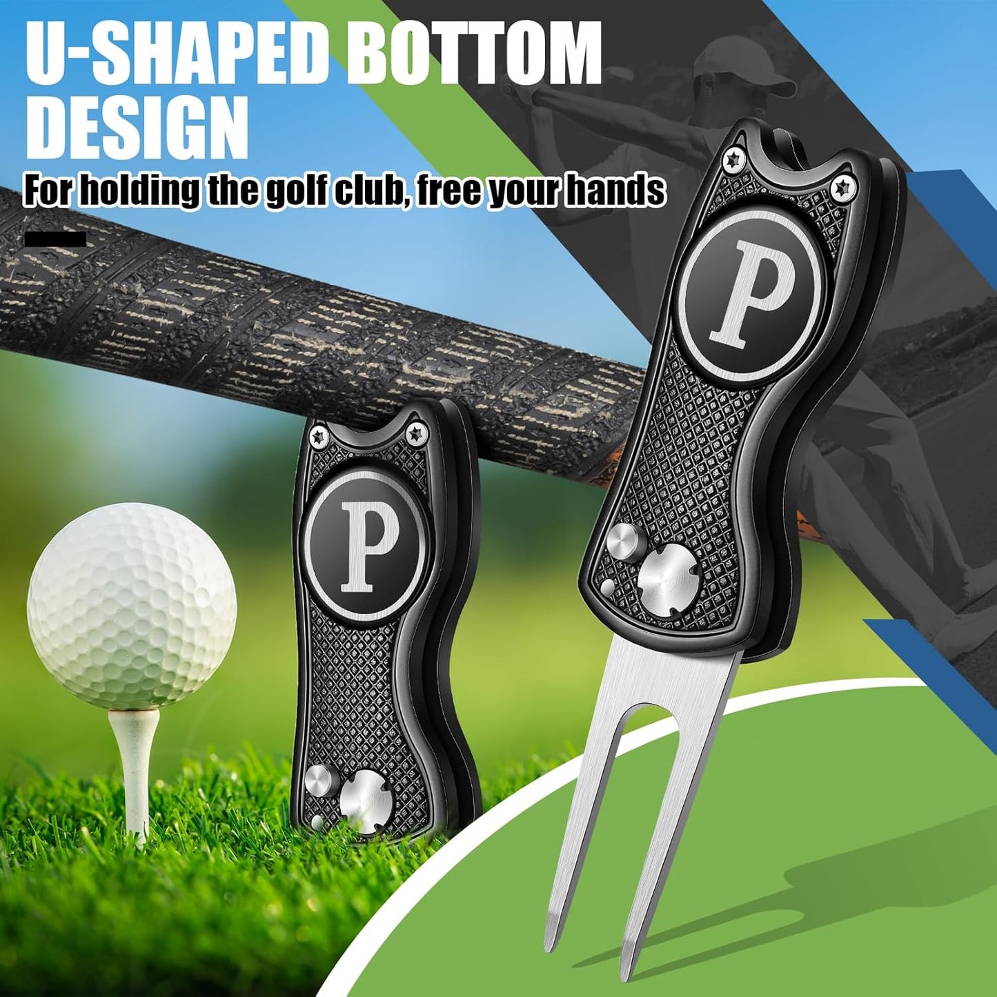 Golf Divot Repair Tool with Letter Custom Monogrammed Initial Ball Marker Divot Tool Foldable Metal with Magnetic Putt Alignment Golf Gifts for Men Father Golfer Christmas