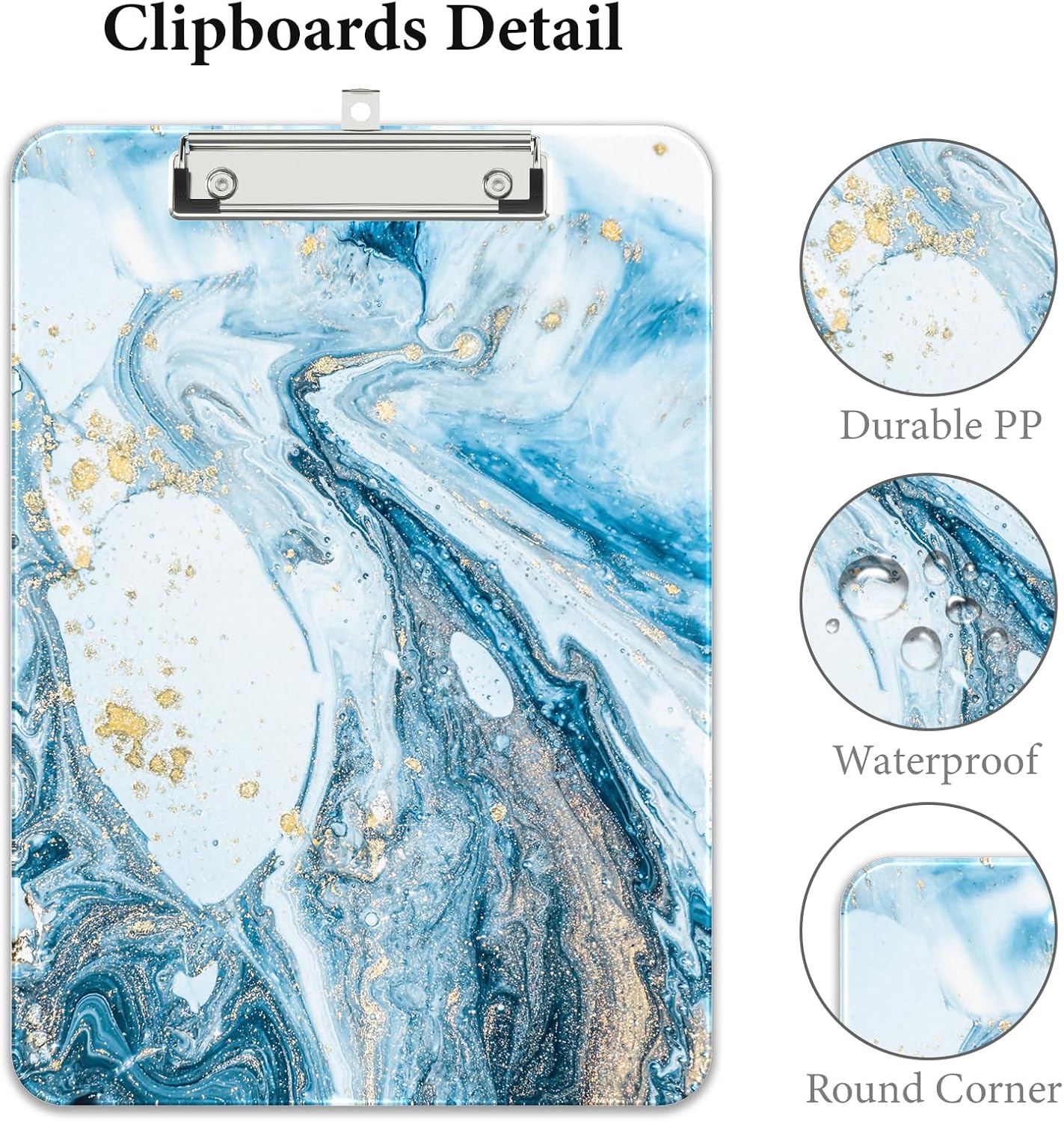 Rimilak Plastic Clipboards with Metal Clip, A4 Letter Size 9 x 12.5 in, Office Decorative for Students Women Men and Kids, Cute Custom Pattern, Blue Marble