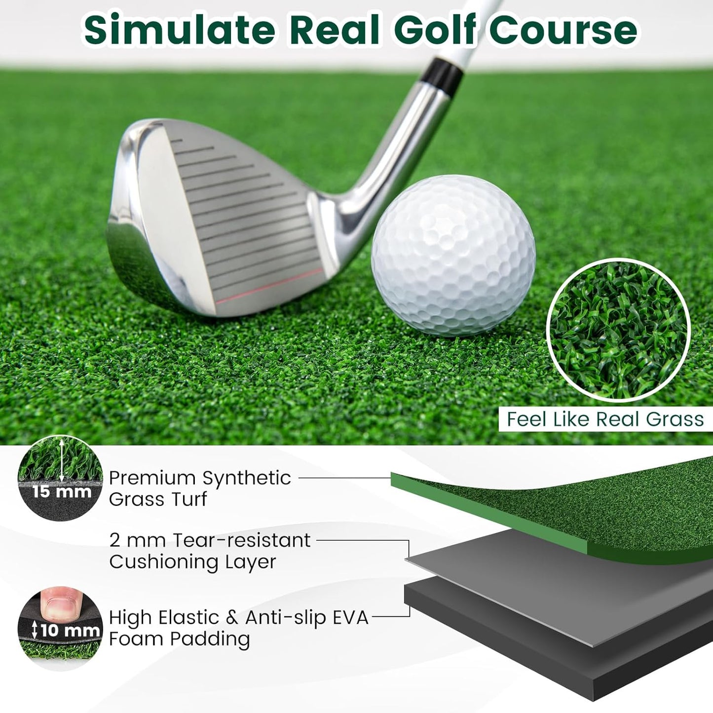 Goplus Golf Mat, 5x3ft/5x4ft Golf Hitting Mat 20/25/27/32mm Thick w/2 Alignment Sticks & 2 Golf Tees, Portable Artificial Turf Grass Training Mat Practice for Indoor Outdoor